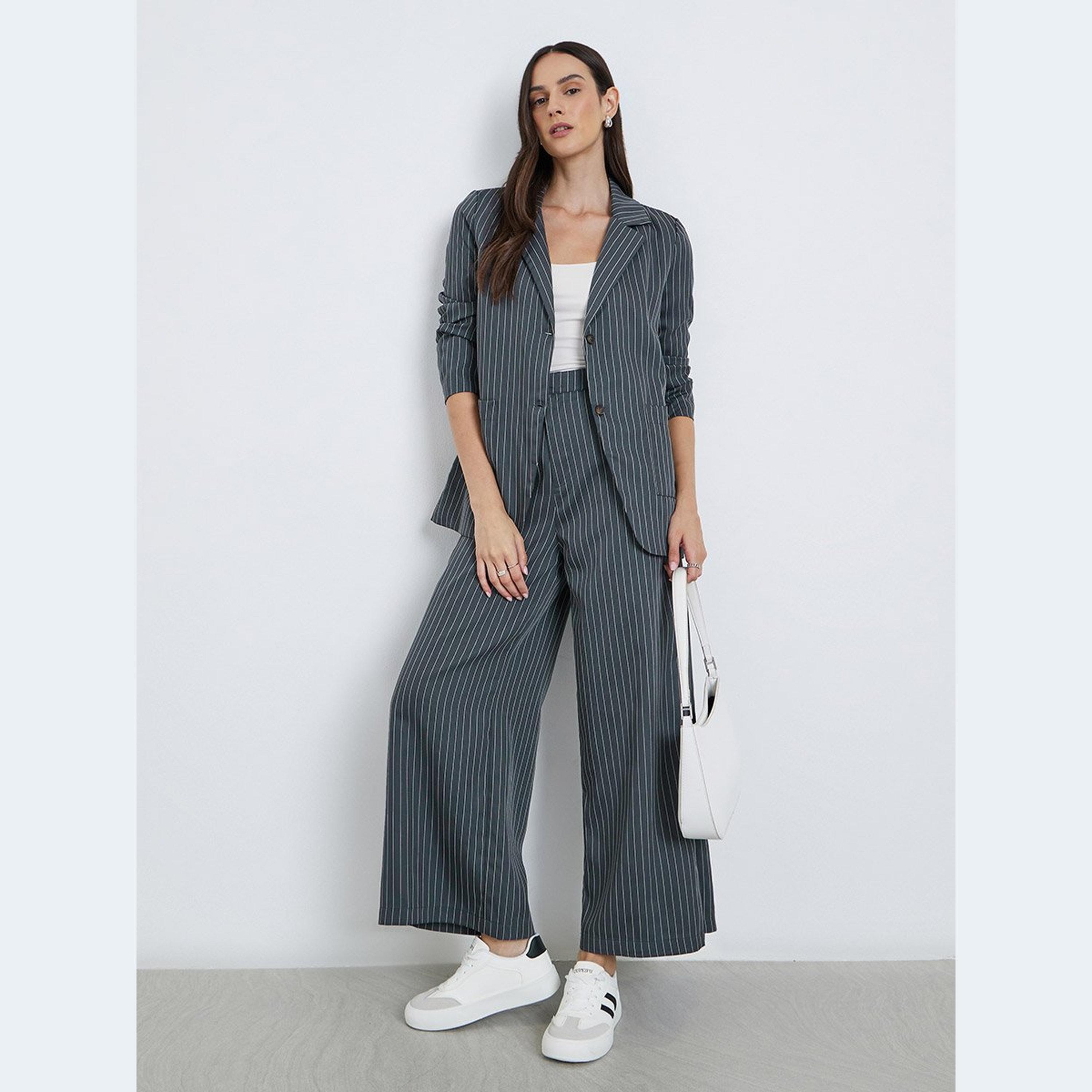 Styli Navy Blue Pinstripe Regular Fit Blazer-women-clothing-coatsandjackets-blazers-image-2