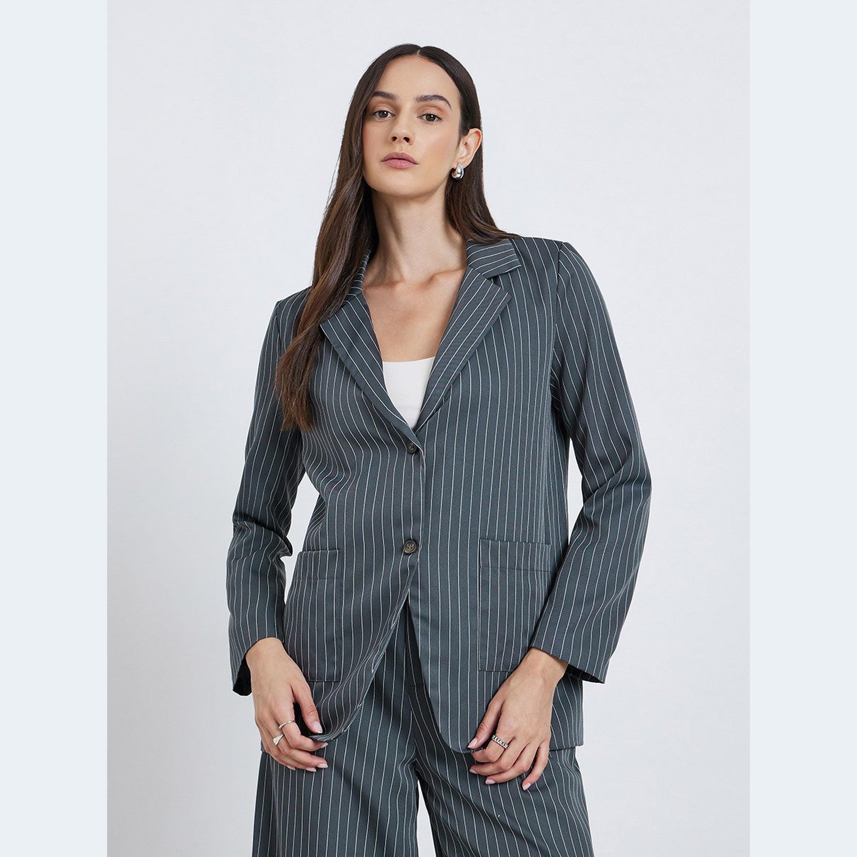 Styli Navy Blue Pinstripe Regular Fit Blazer-women-clothing-coatsandjackets-blazers-image-3