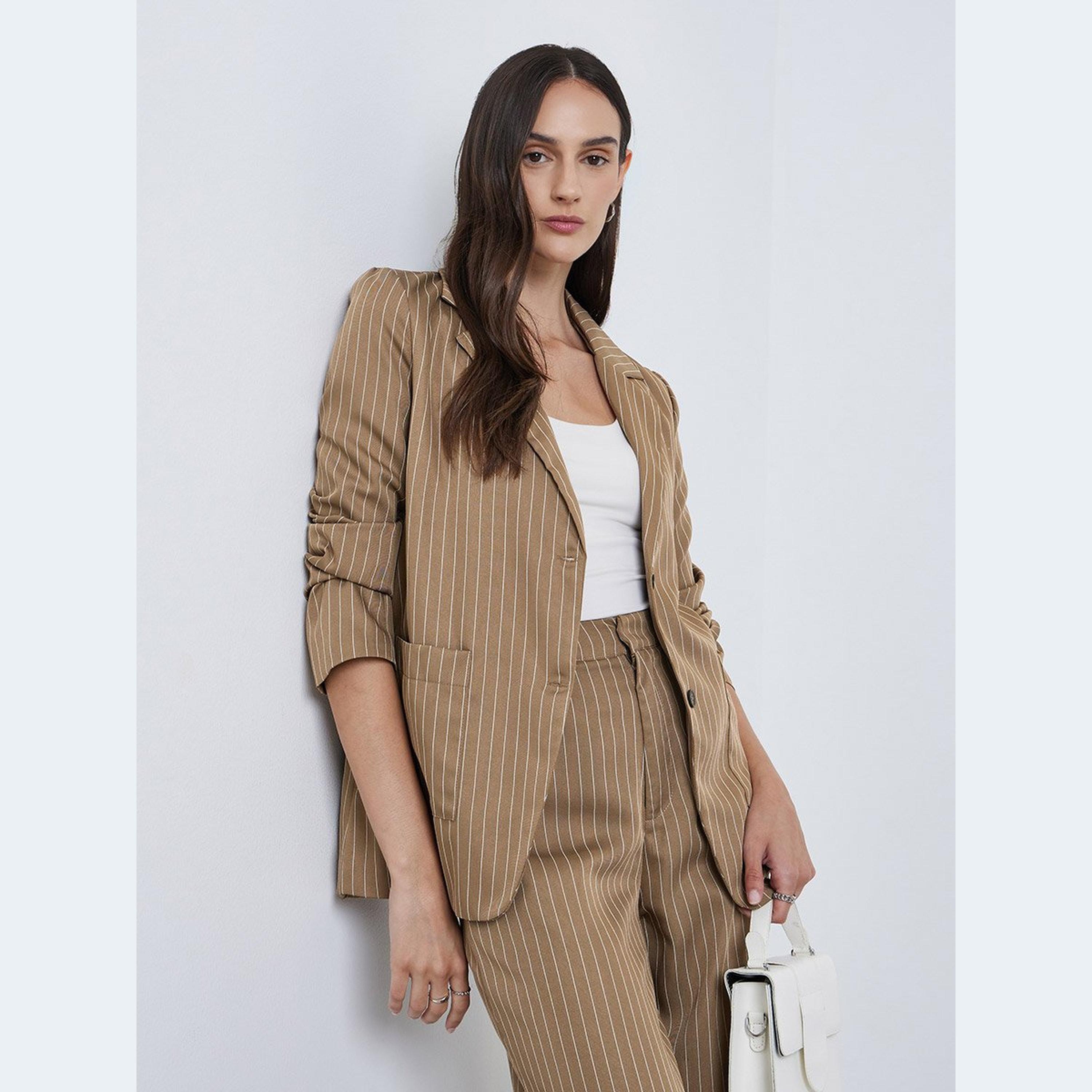 ستايلي - بليزر مخطط لون بني بقصّة عادية-women-clothing-coatsandjackets-blazers-image-2