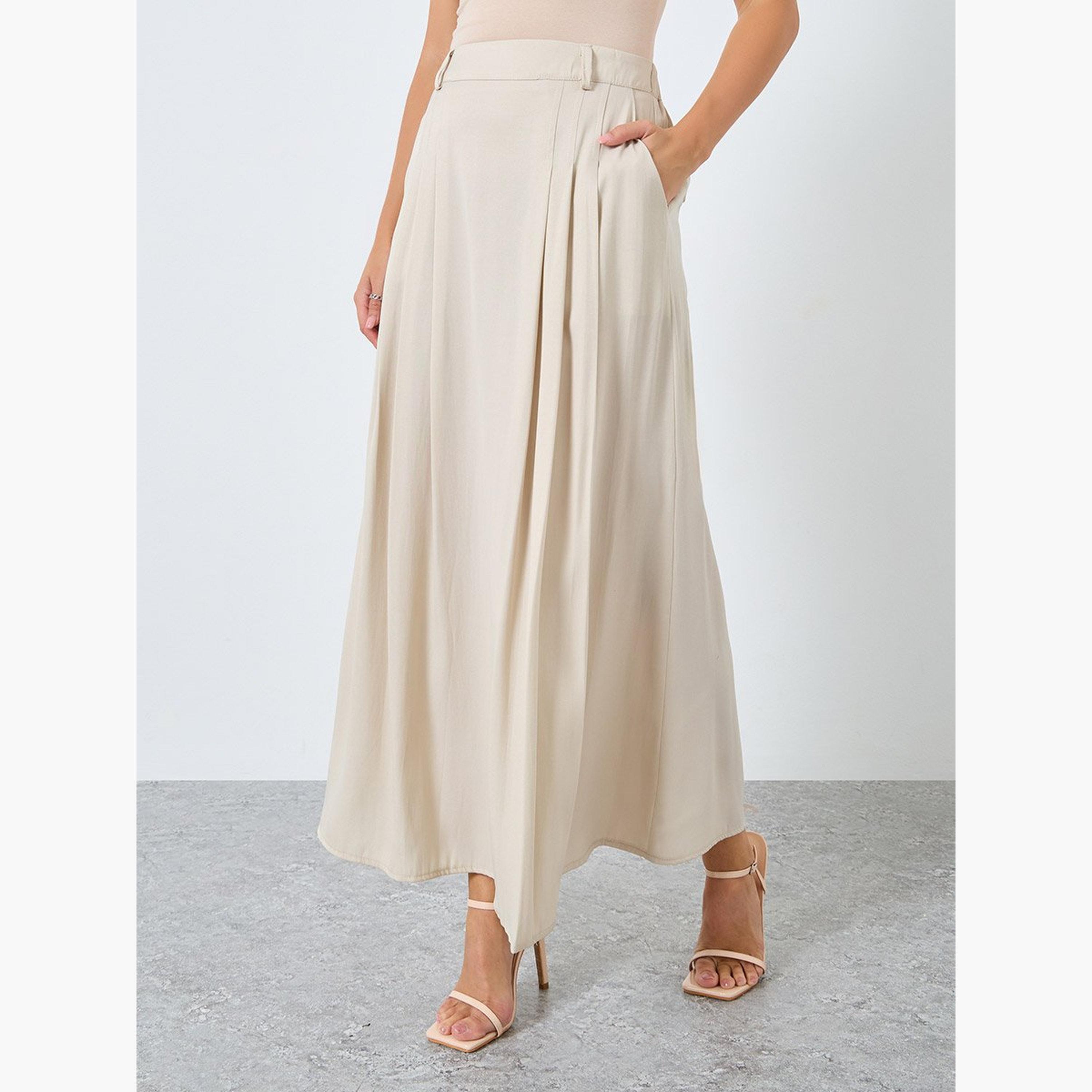 Styli Solid Pleated Detail A-Line Maxi Skirt-women-clothing-bottoms-skirts-image-1