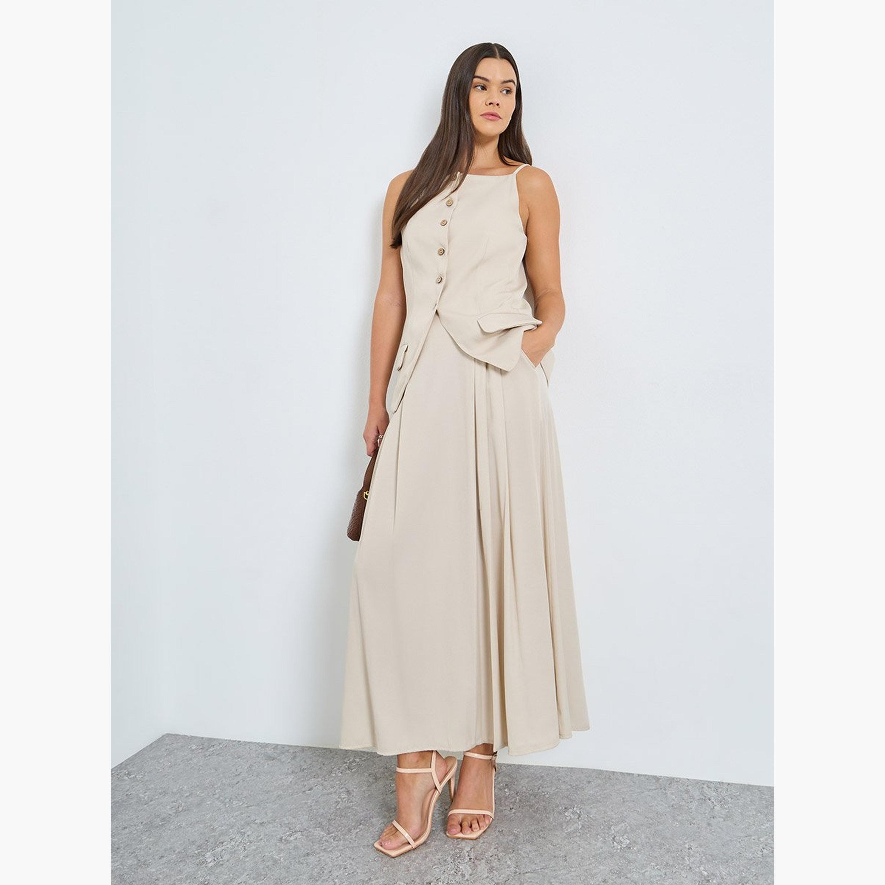 Styli Solid Pleated Detail A-Line Maxi Skirt-women-clothing-bottoms-skirts-image-2