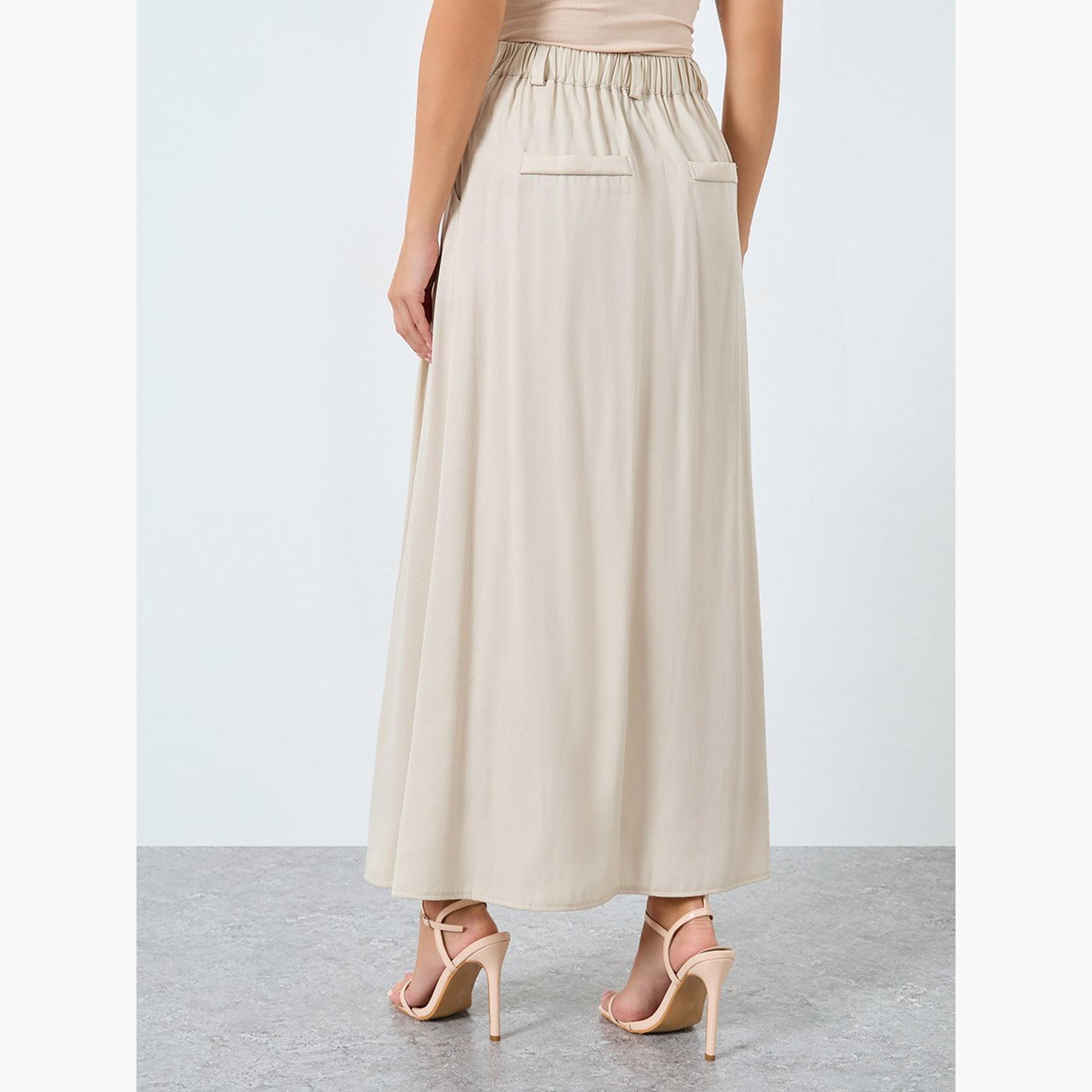 Styli Solid Pleated Detail A-Line Maxi Skirt-women-clothing-bottoms-skirts-image-4