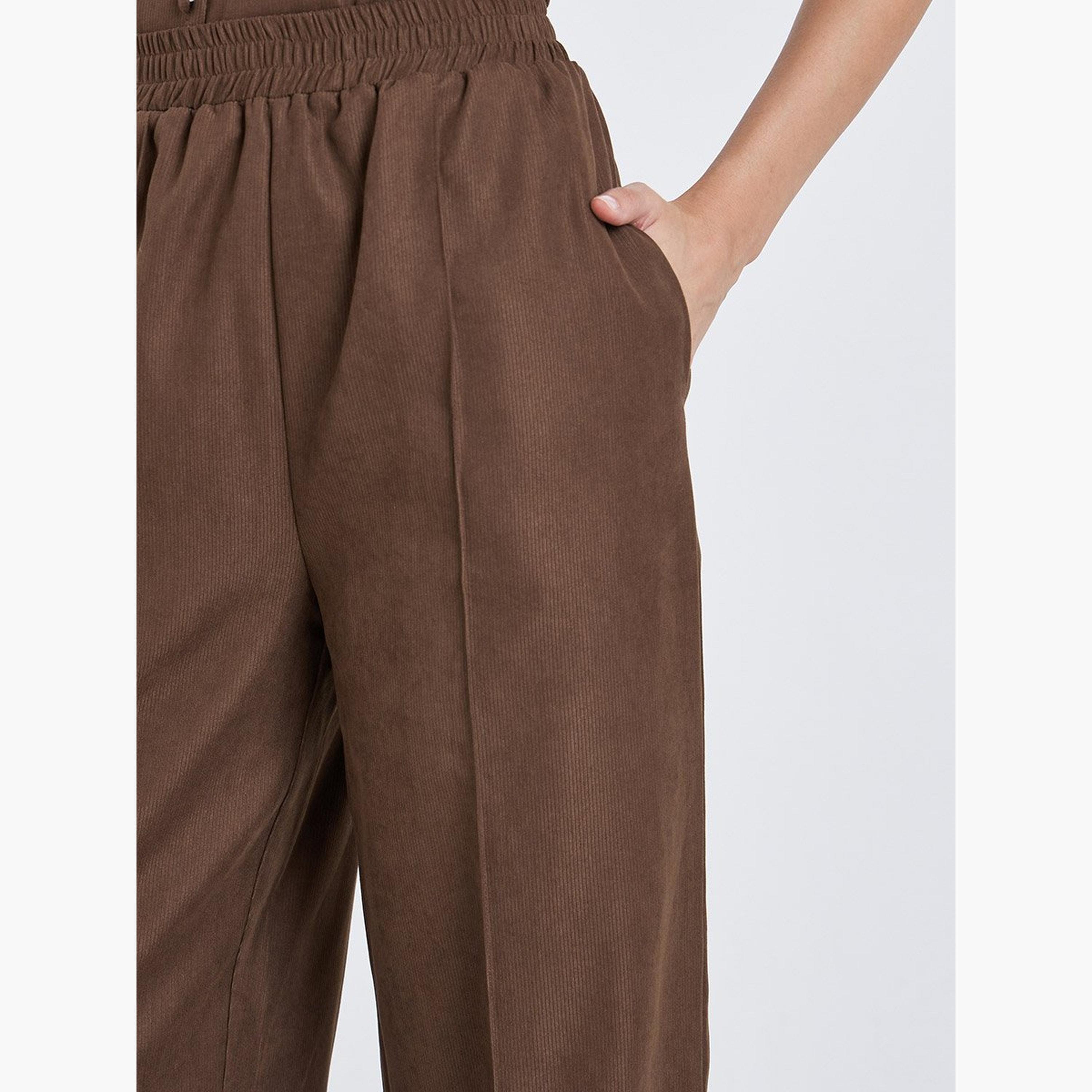 ستايلي - بنطال بني من قماش مخملي واسع الساق-women-clothing-bottoms-trousers-image-3