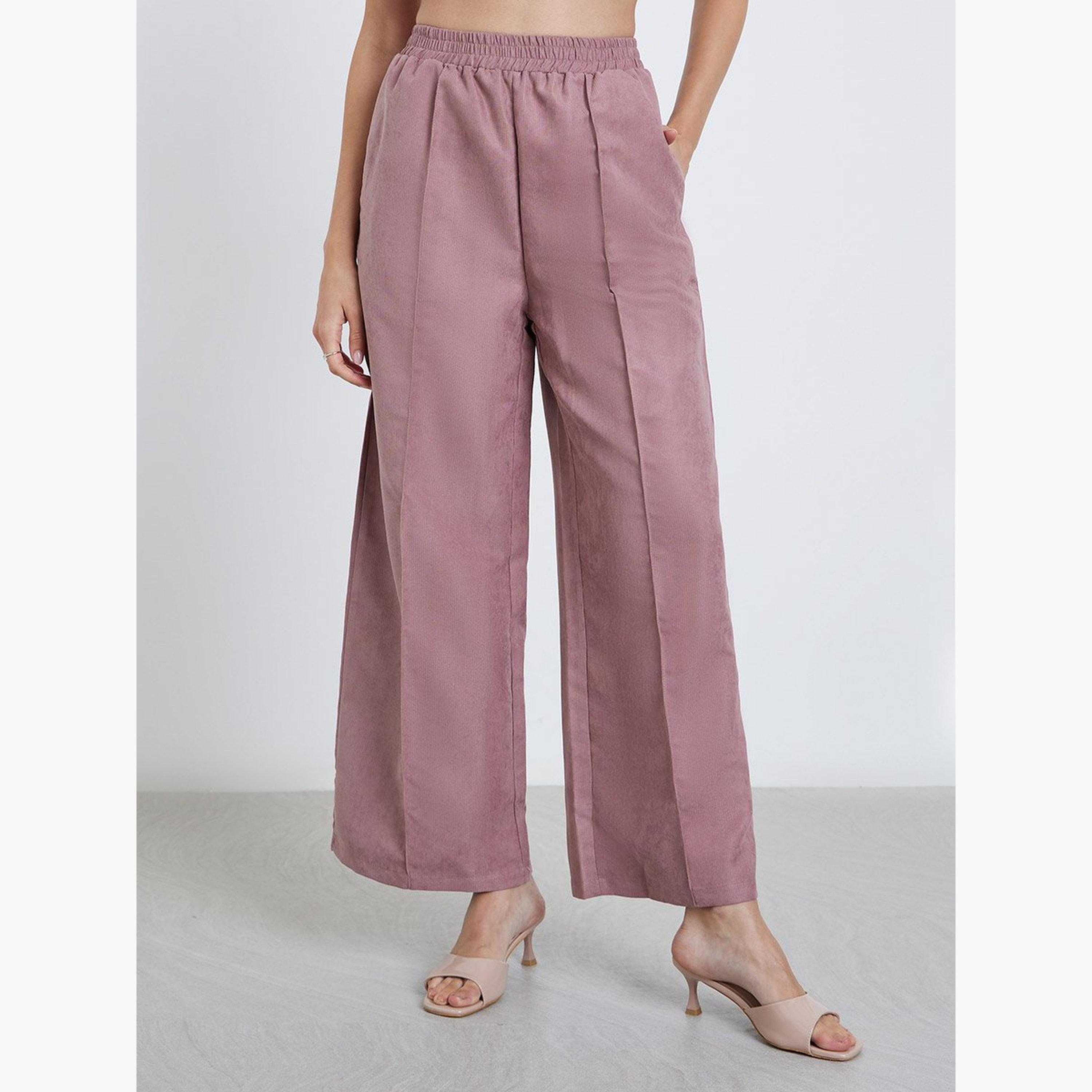 Styli Pink Corduroy Wide Leg Trousers-women-clothing-bottoms-trousers-image-1