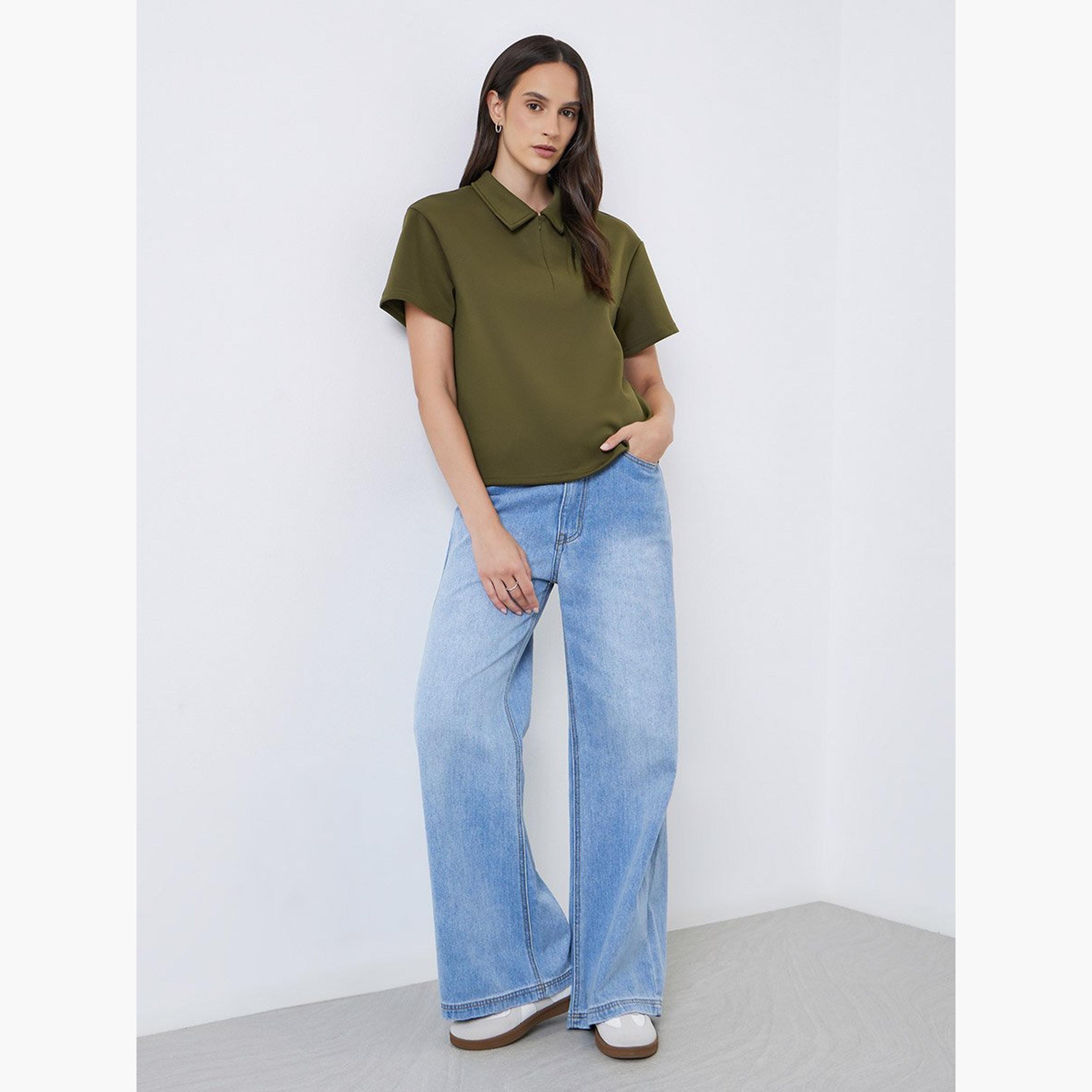 Styli Oversized Half Zip Knitted Polo T-Shirt-women-clothing-tshirts-image-1