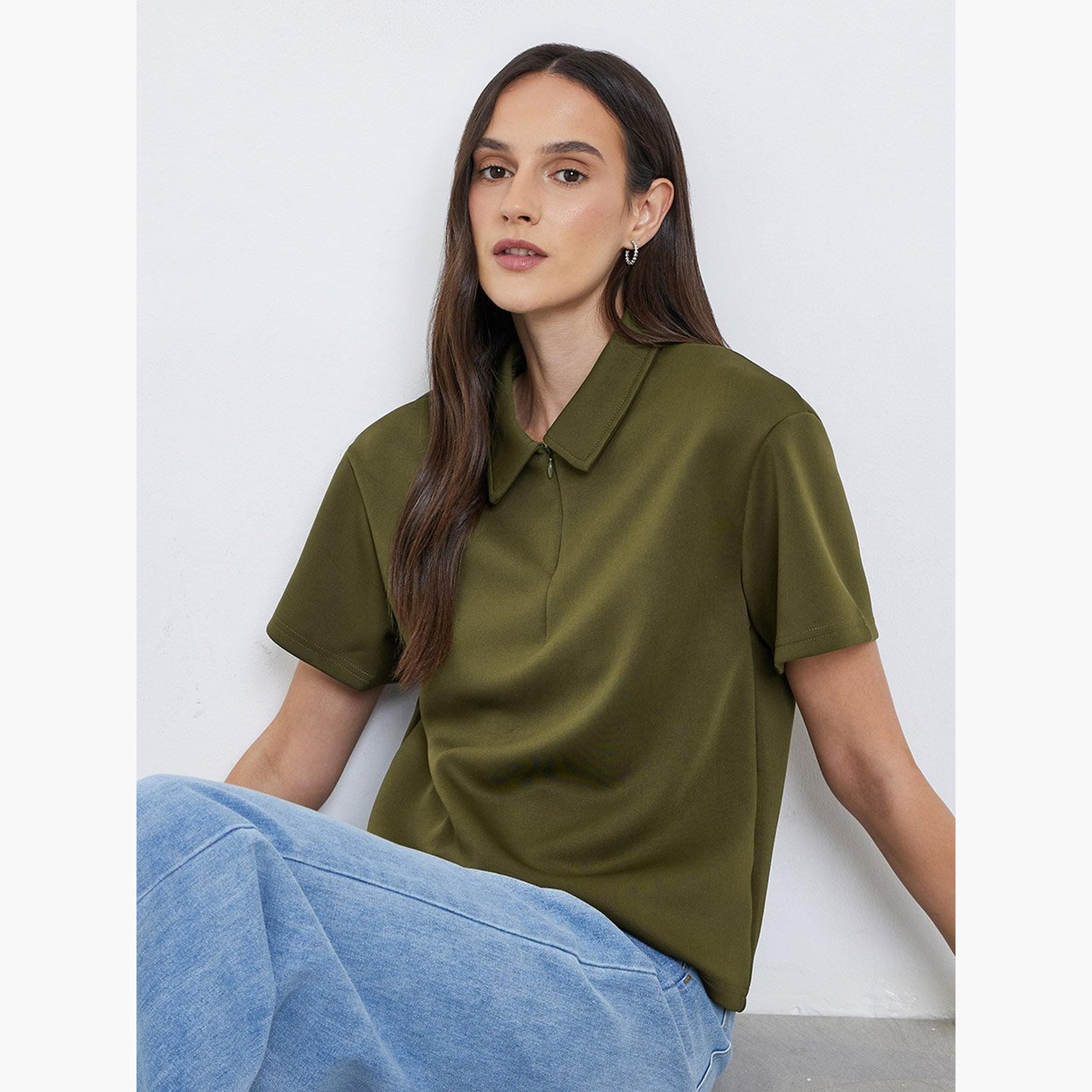 Styli Oversized Half Zip Knitted Polo T-Shirt-women-clothing-tshirts-image-2