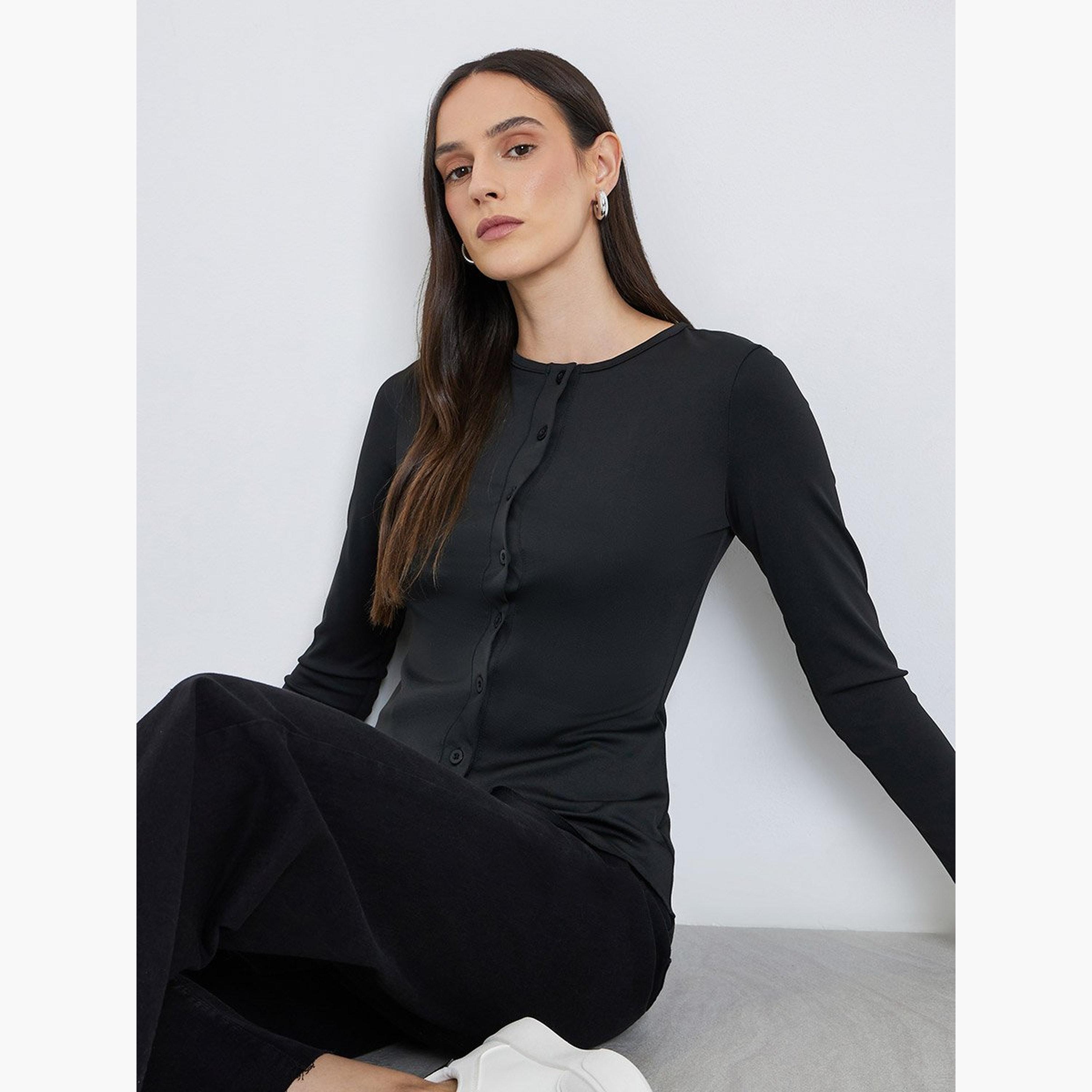 ستايلي - بلوزة للنساء سوداء محبوكة بأكمام طويلة-women-clothing-tshirts-image-2