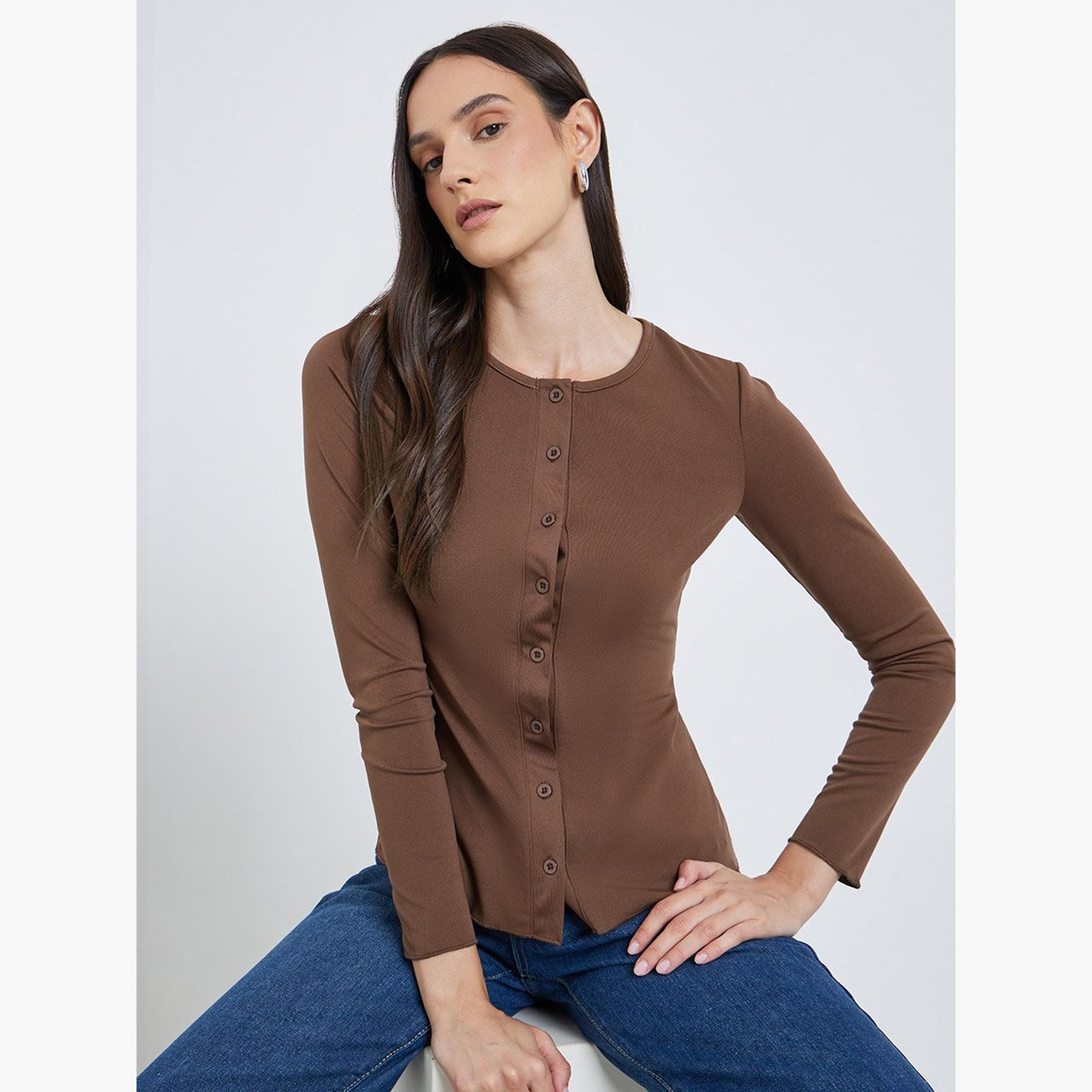 ستايلي - بلوزة للنساء محبوكة بأكمام طويلة لون بني-women-clothing-tshirts-image-1