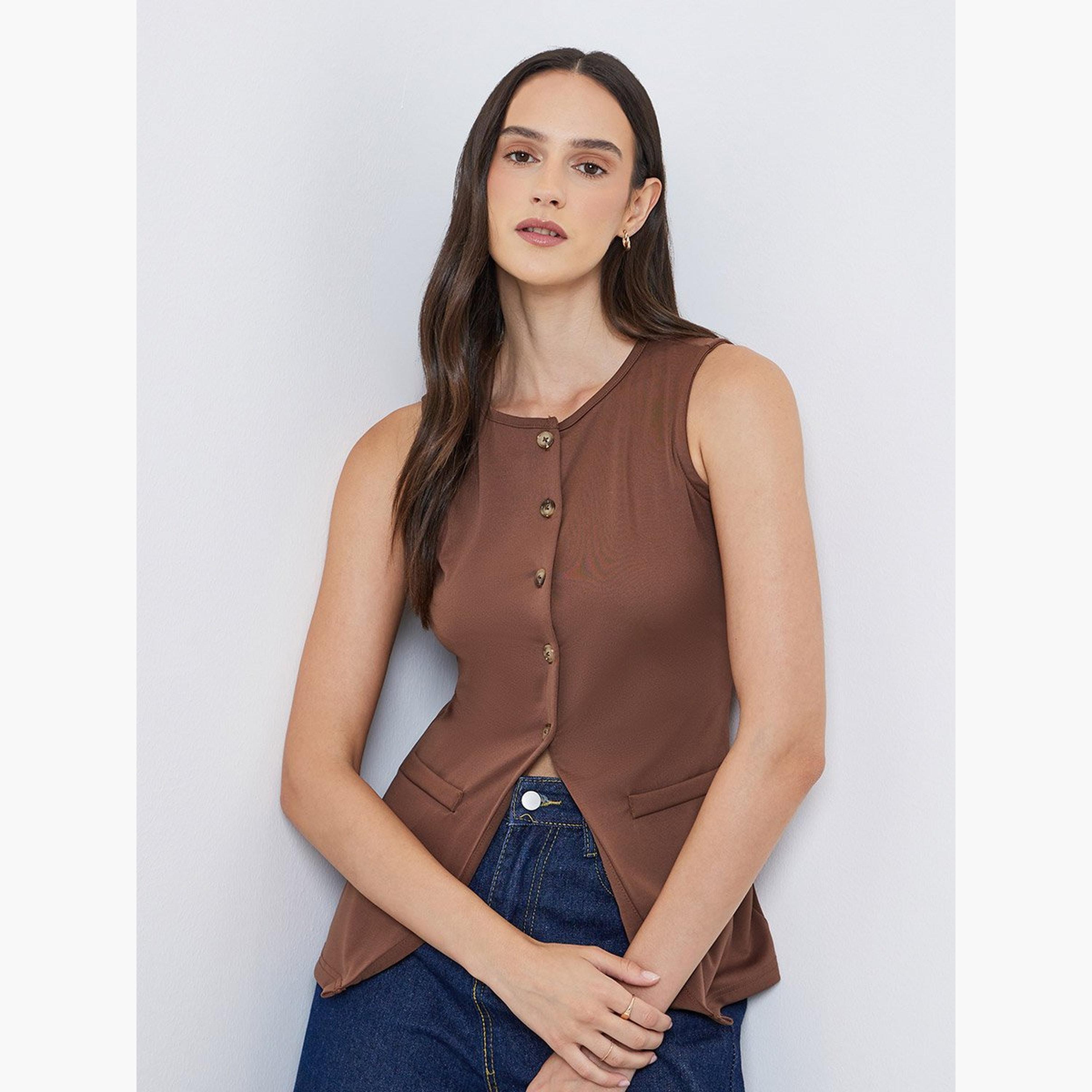 ستايلي - بلوزة بنية اللون بدون أكمام وأزرار-women-clothing-shirtsandblouses-blouses-image-1