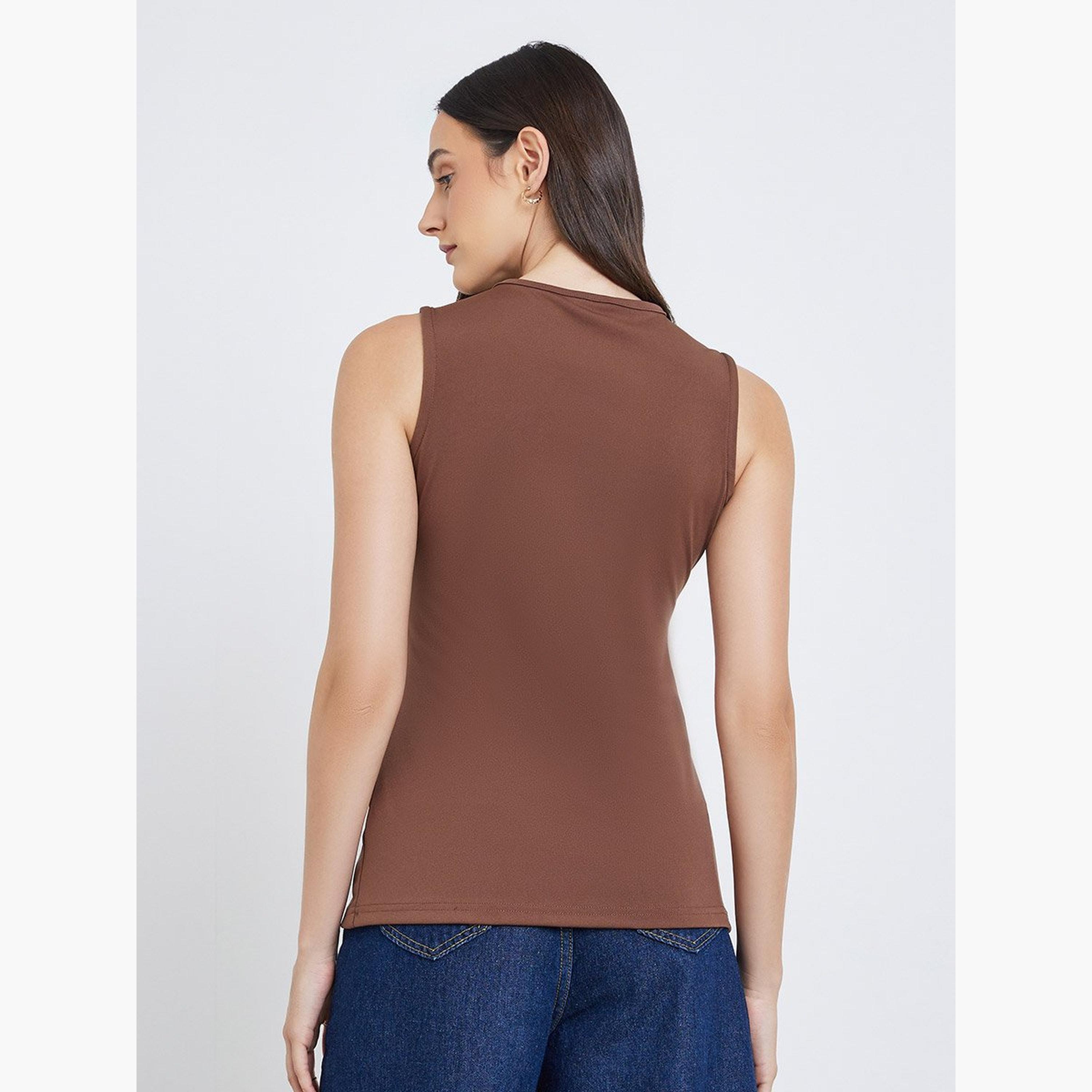 ستايلي - بلوزة بنية اللون بدون أكمام وأزرار-women-clothing-shirtsandblouses-blouses-image-4