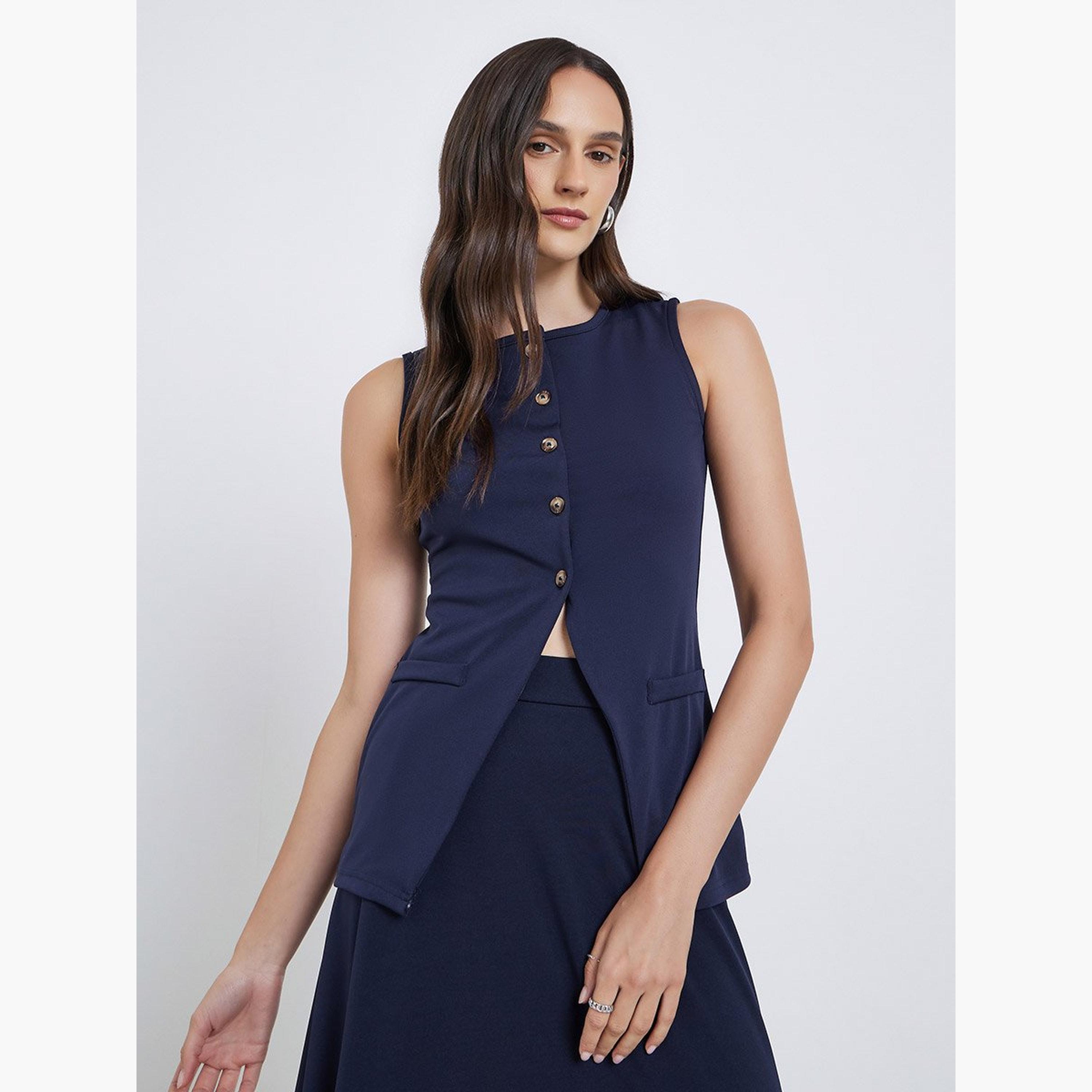 ستايلي - بلوزة بدون أكمام بأزرار لون أزرق الداكن-women-clothing-shirtsandblouses-blouses-image-1