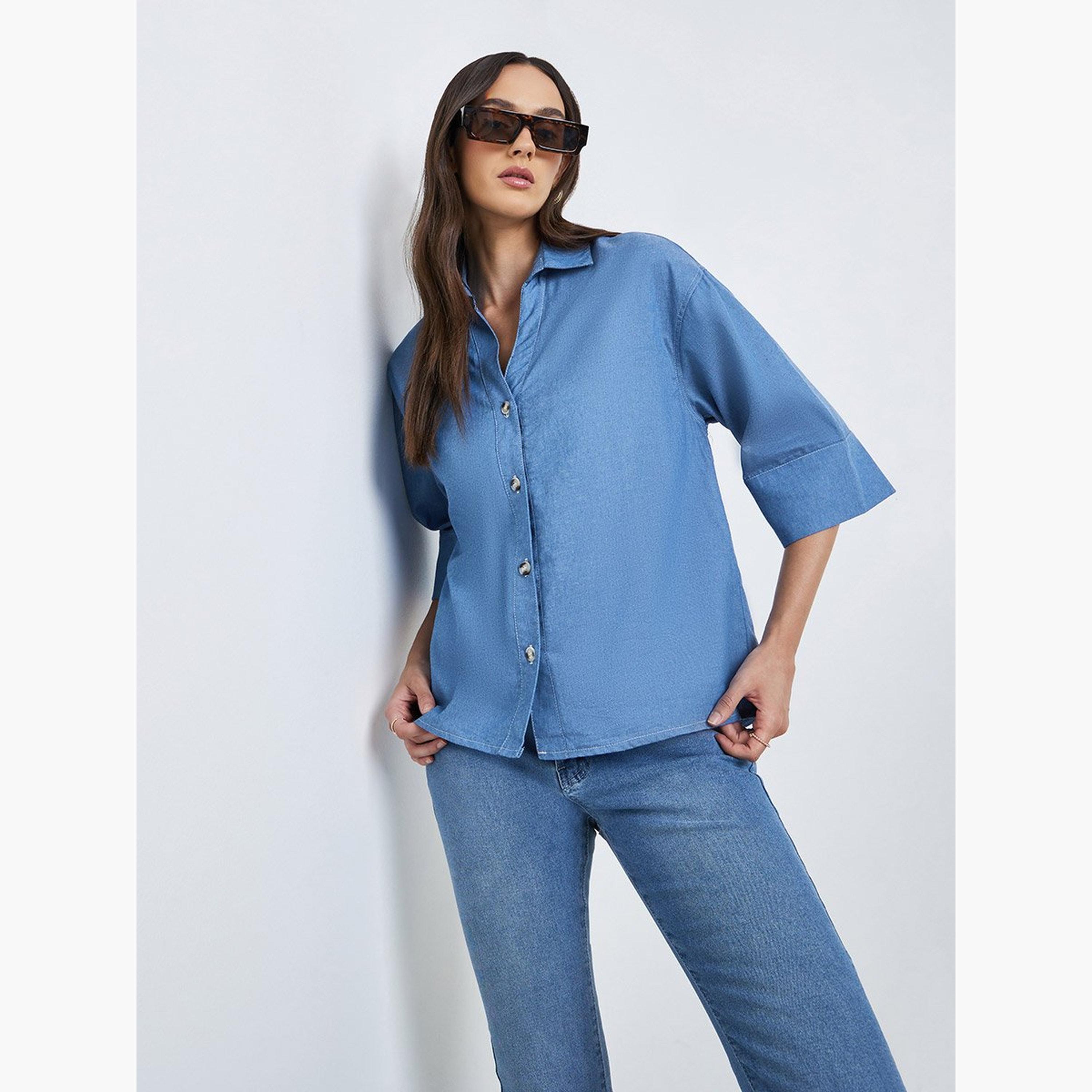 Styli Denim Spread Collar Buttoned Shirt-women-clothing-shirtsandblouses-shirts-image-1