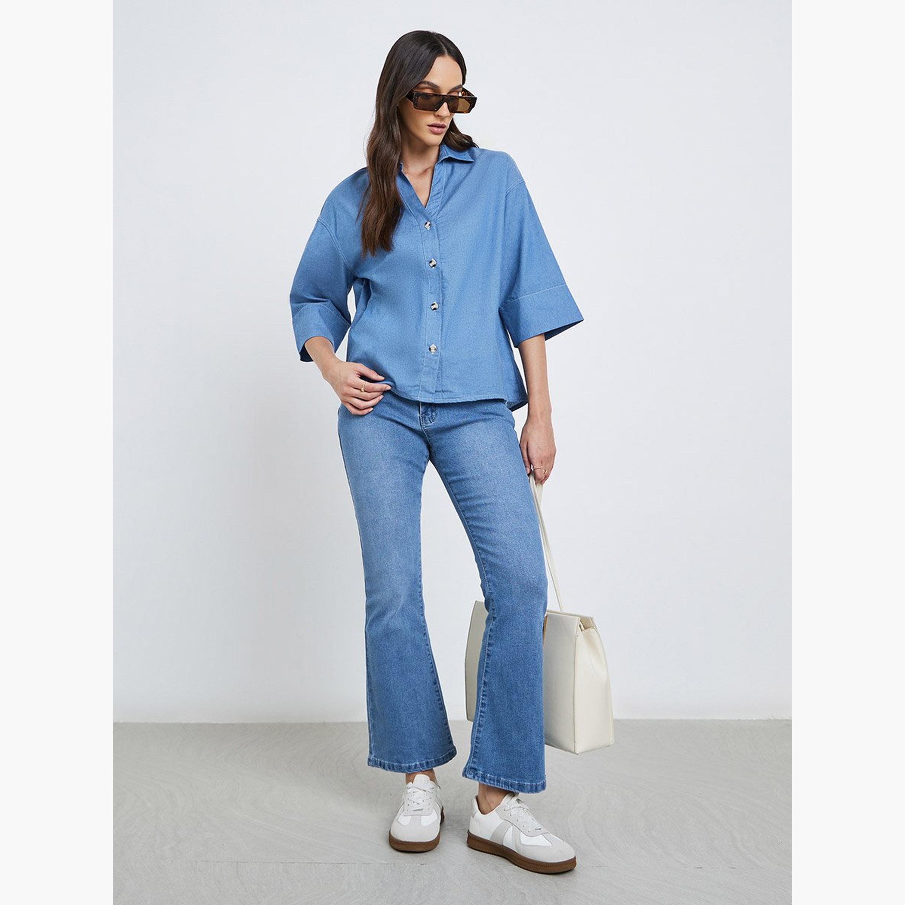 Styli Denim Spread Collar Buttoned Shirt-women-clothing-shirtsandblouses-shirts-image-2