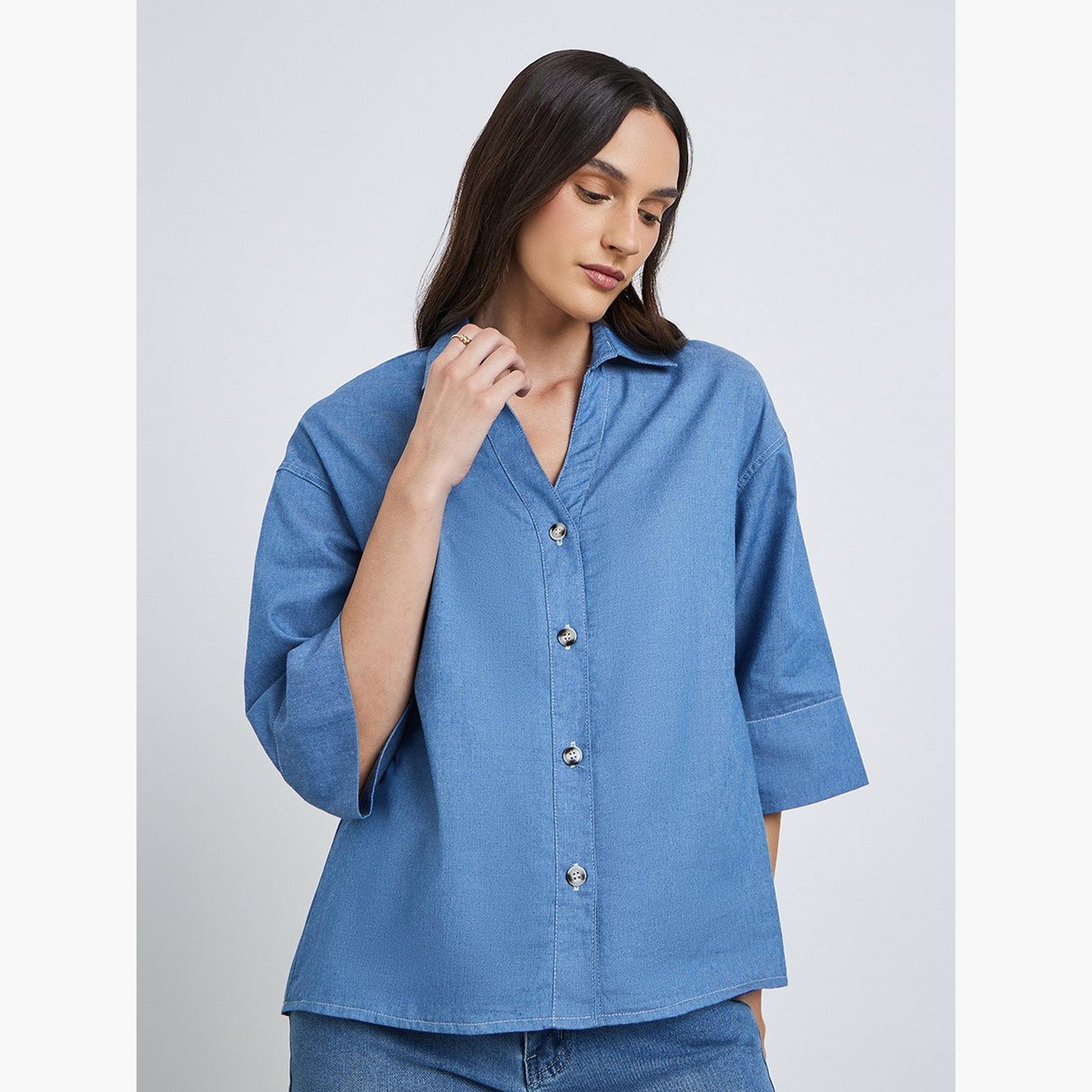 Styli Denim Spread Collar Buttoned Shirt-women-clothing-shirtsandblouses-shirts-image-3