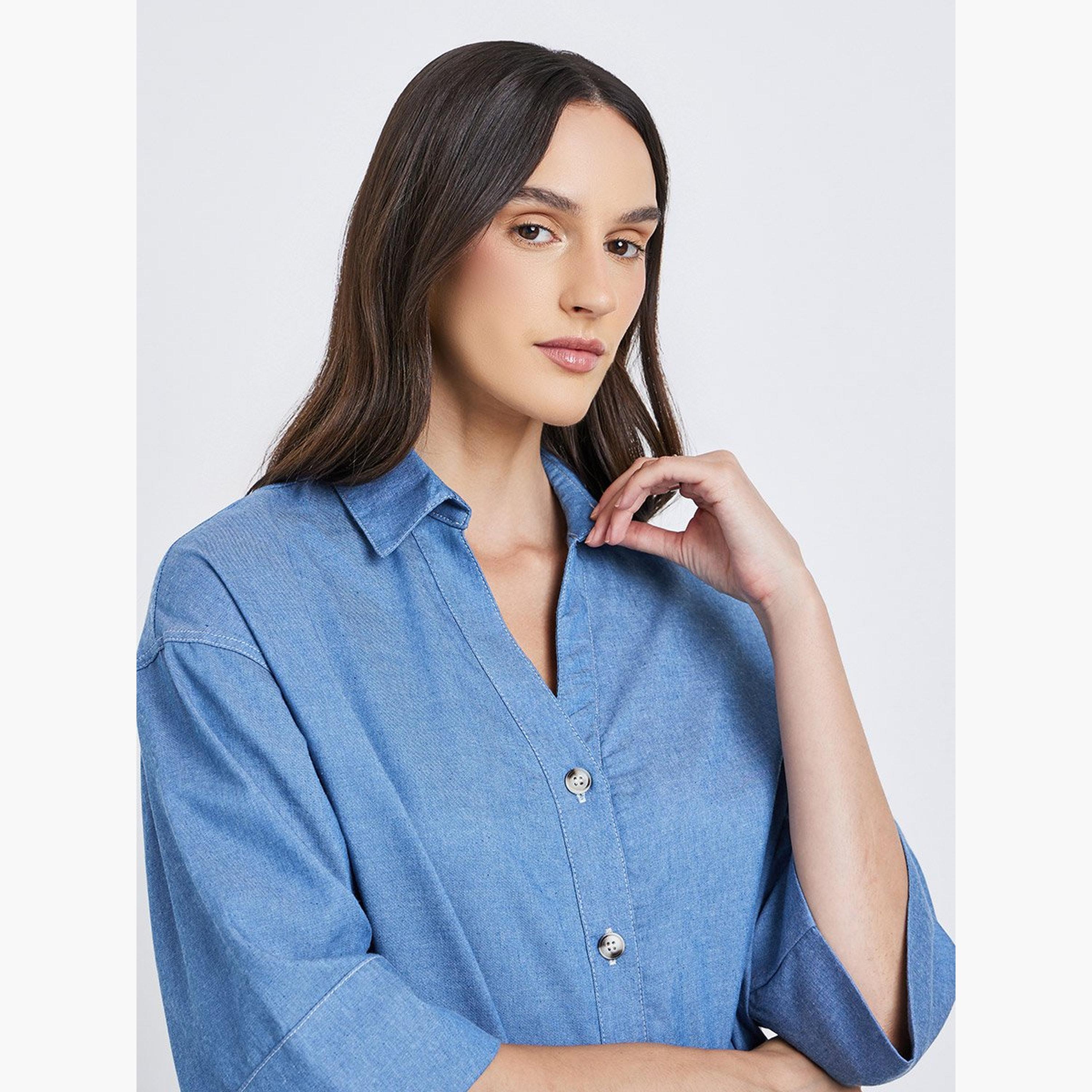 Styli Denim Spread Collar Buttoned Shirt-women-clothing-shirtsandblouses-shirts-image-4