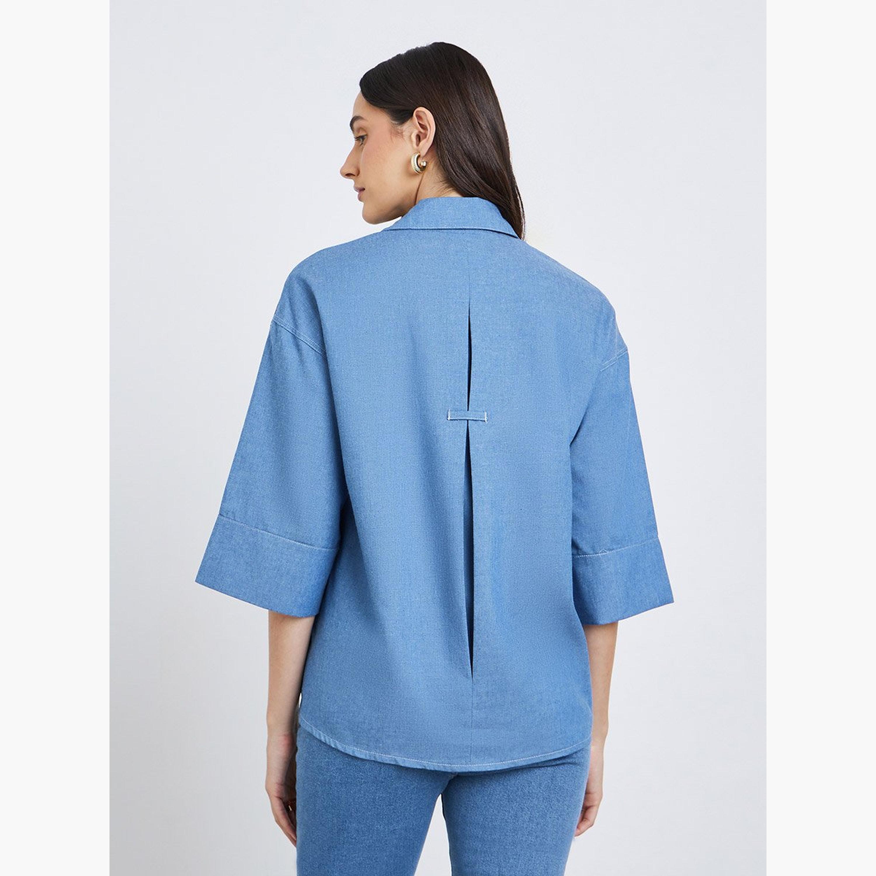 Styli Denim Spread Collar Buttoned Shirt-women-clothing-shirtsandblouses-shirts-image-6