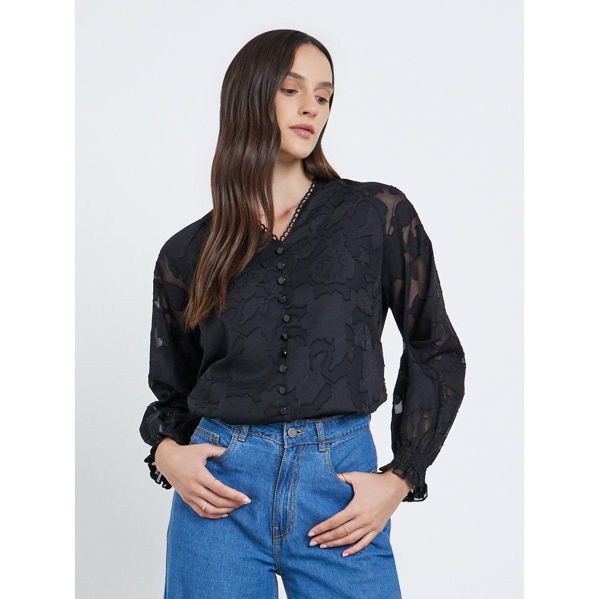 Styli  Jacquard V-Neck Blouse with Button Detail-women-clothing-shirtsandblouses-blouses-image-1