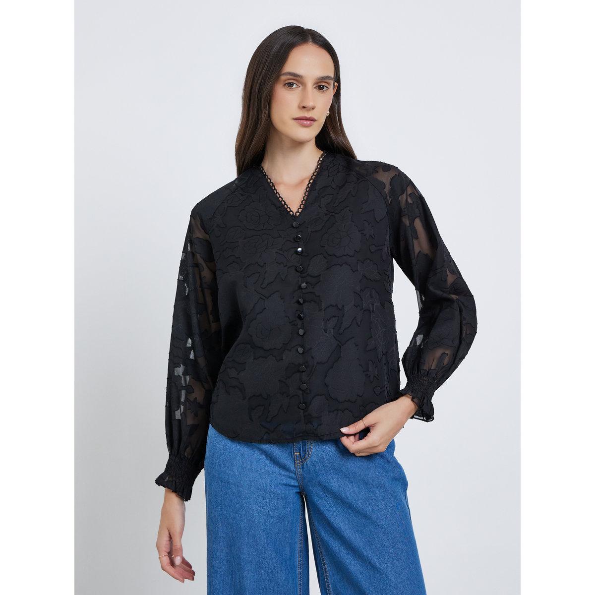 Styli  Jacquard V-Neck Blouse with Button Detail-women-clothing-shirtsandblouses-blouses-image-3