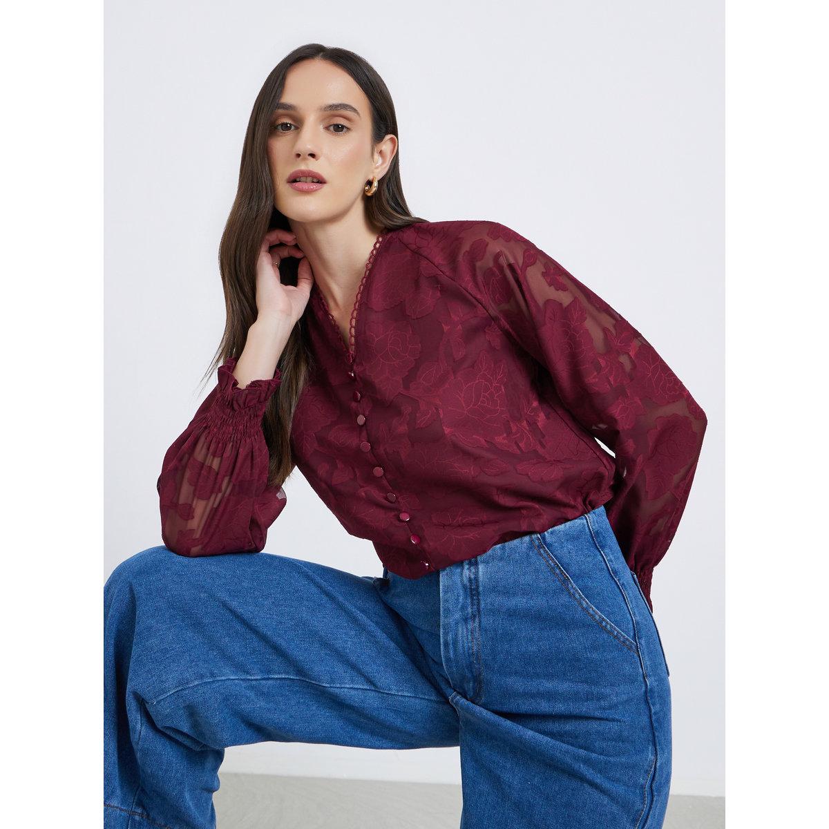 بلوزة بنسيج جاكارد مع تفاصيل أزرار-women-clothing-shirtsandblouses-blouses-image-1