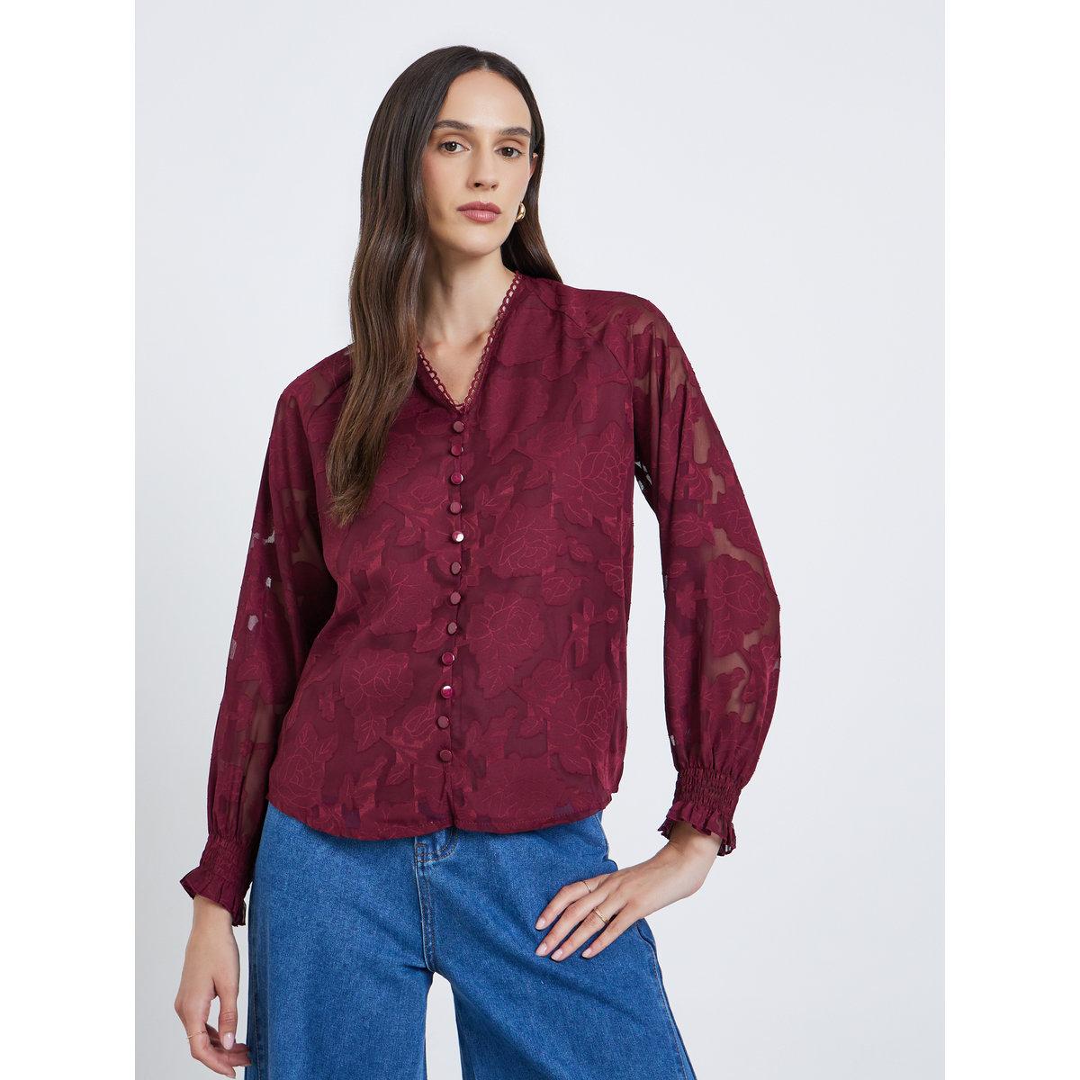 بلوزة بنسيج جاكارد مع تفاصيل أزرار-women-clothing-shirtsandblouses-blouses-image-3