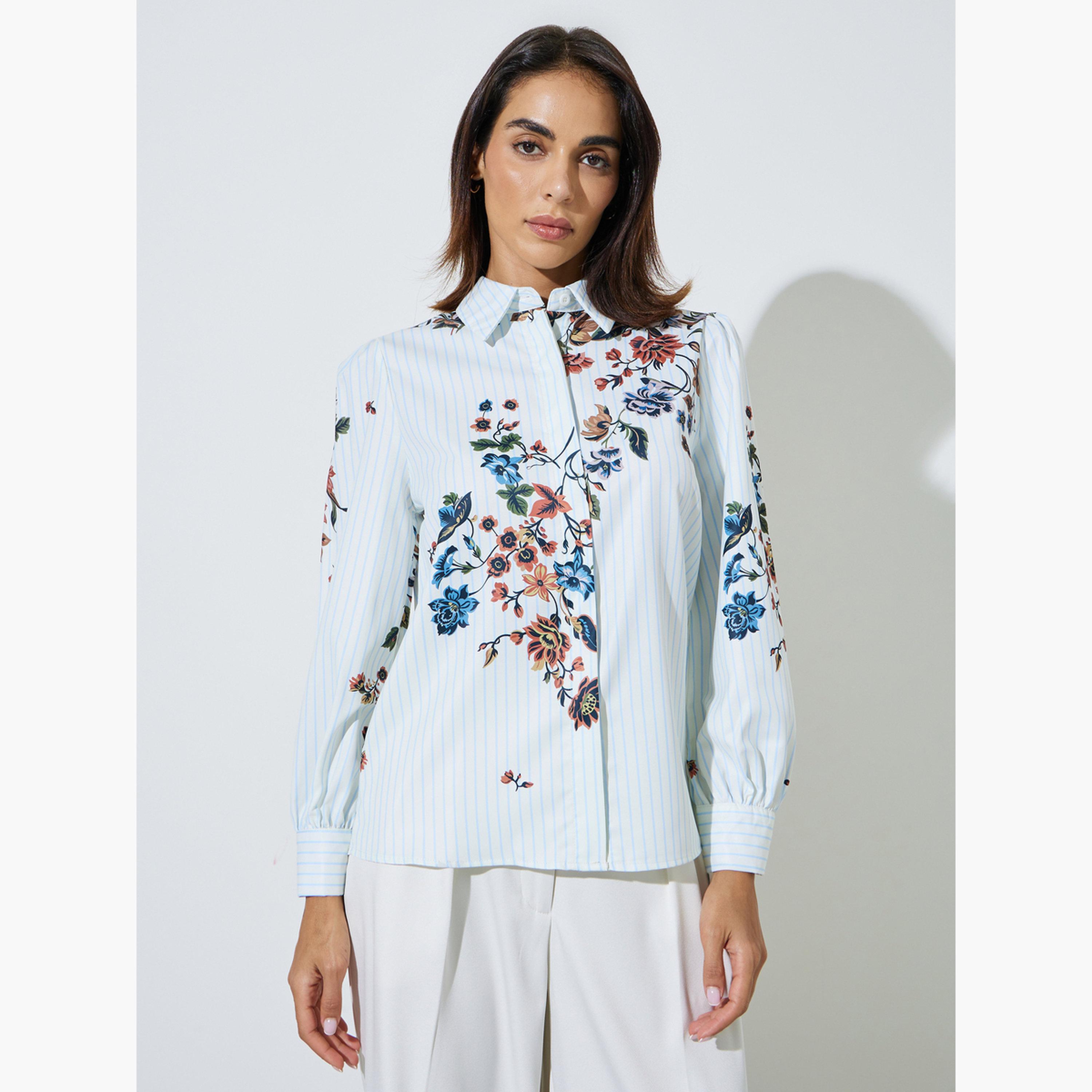 ستايلي - قميص أزرق فاتح مزين بنقوش زهور، بياقة عريضة وأزرار-women-clothing-shirtsandblouses-shirts-image-1