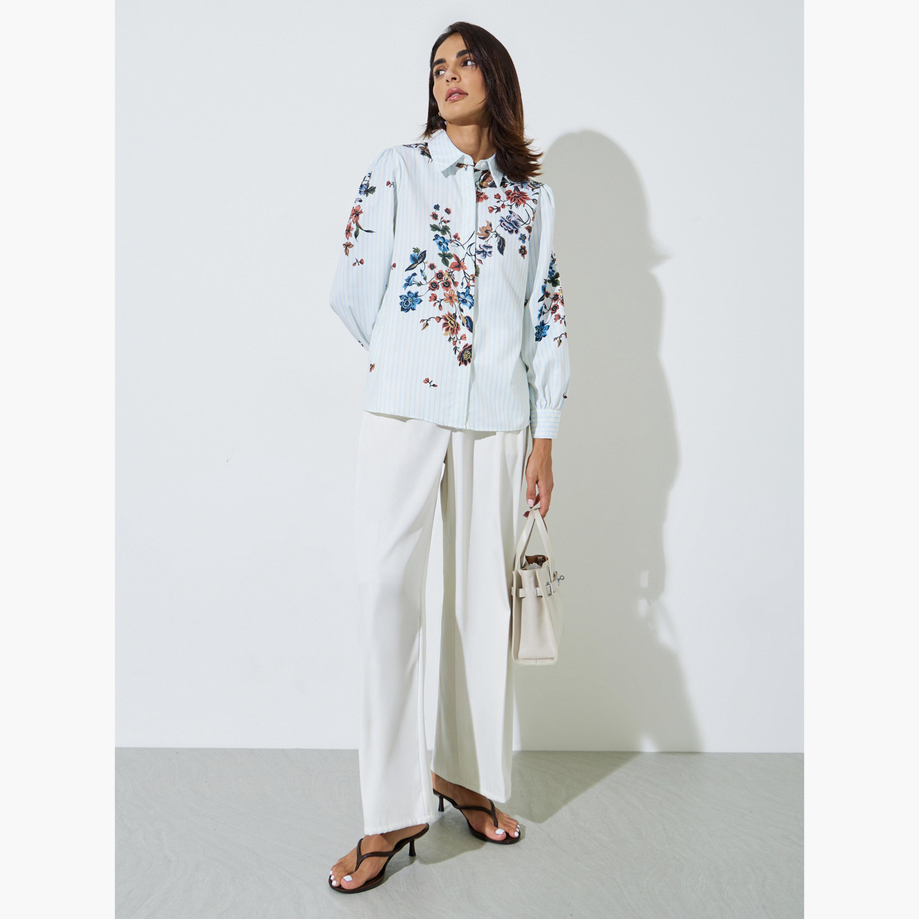 ستايلي - قميص أزرق فاتح مزين بنقوش زهور، بياقة عريضة وأزرار-women-clothing-shirtsandblouses-shirts-image-2