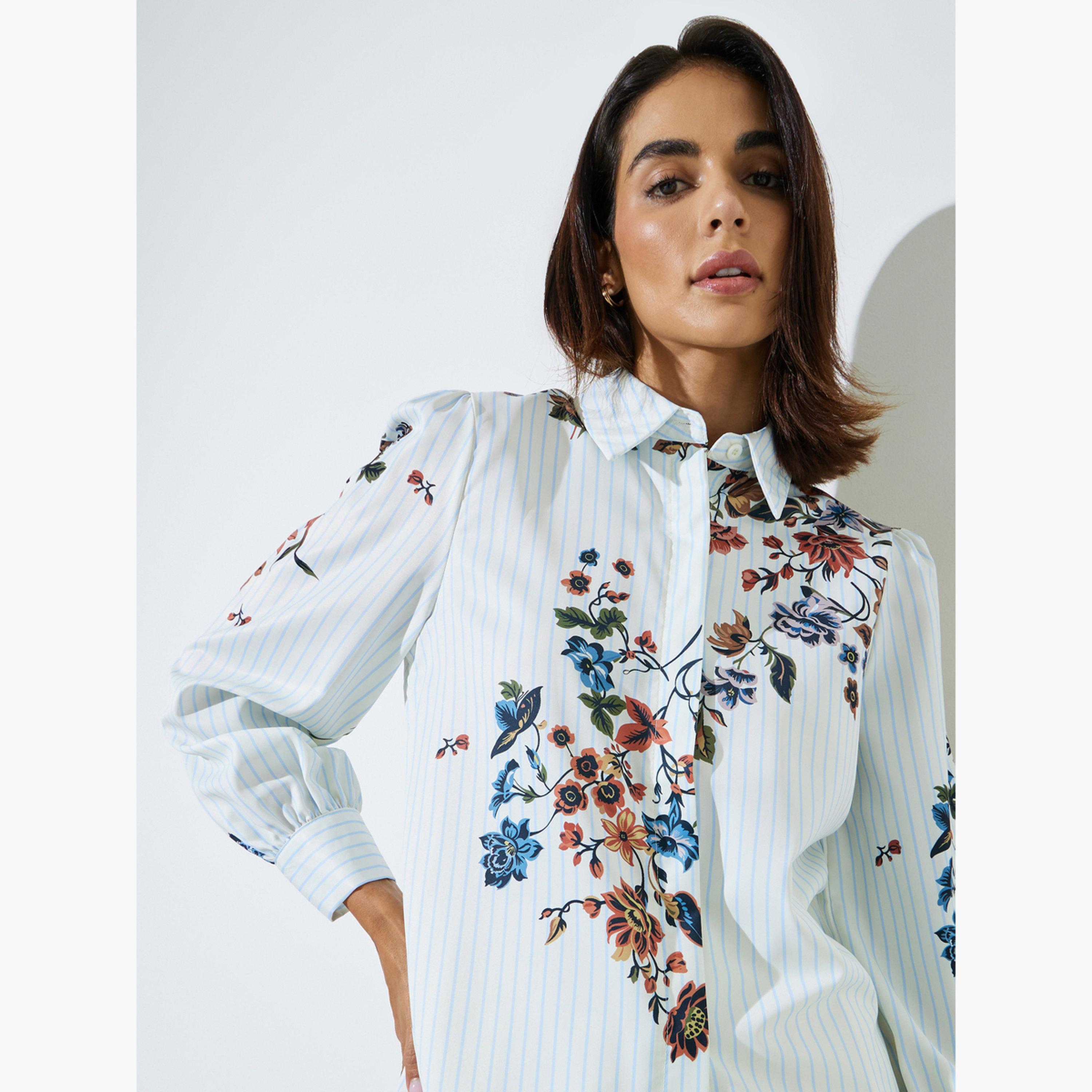 ستايلي - قميص أزرق فاتح مزين بنقوش زهور، بياقة عريضة وأزرار-women-clothing-shirtsandblouses-shirts-image-3