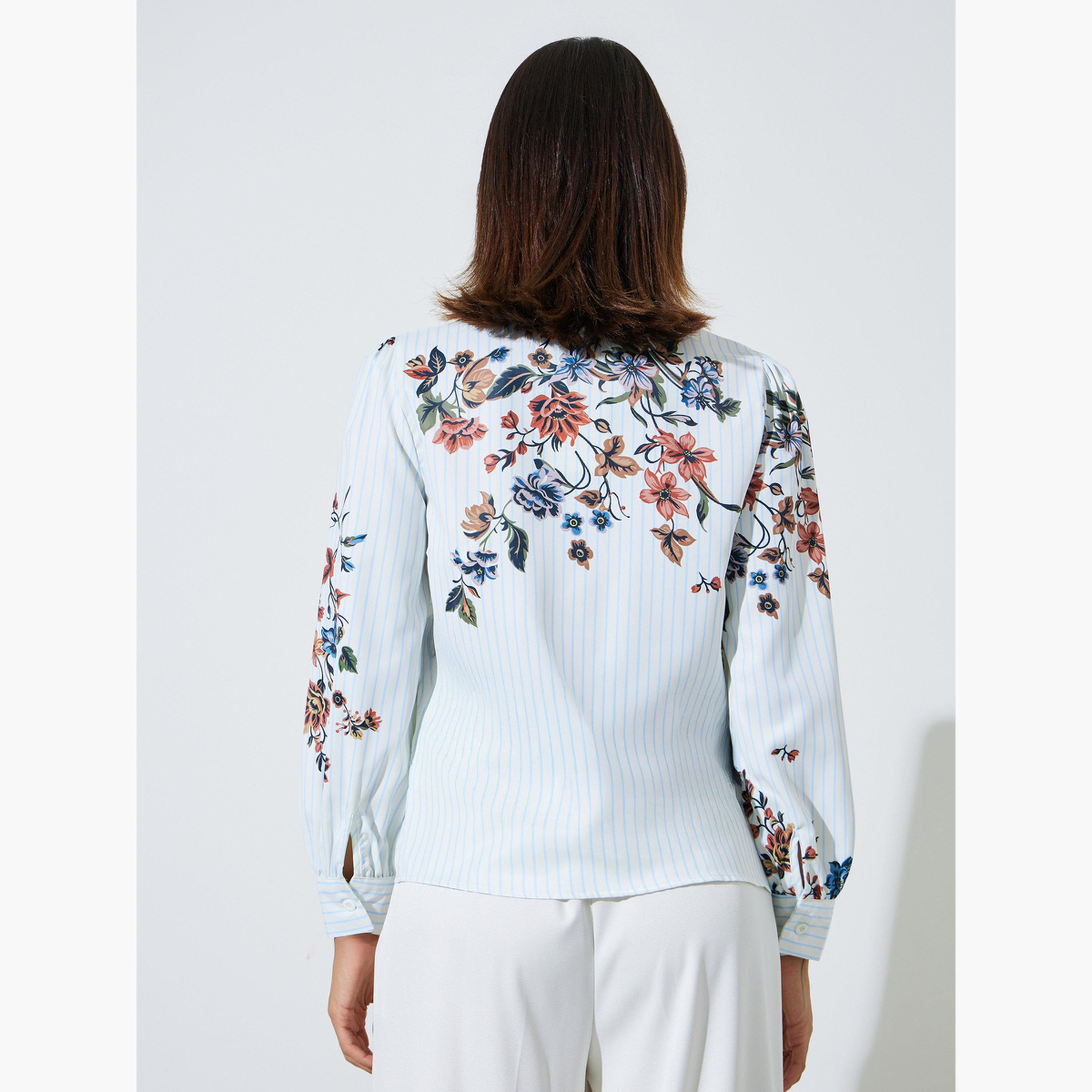ستايلي - قميص أزرق فاتح مزين بنقوش زهور، بياقة عريضة وأزرار-women-clothing-shirtsandblouses-shirts-image-4