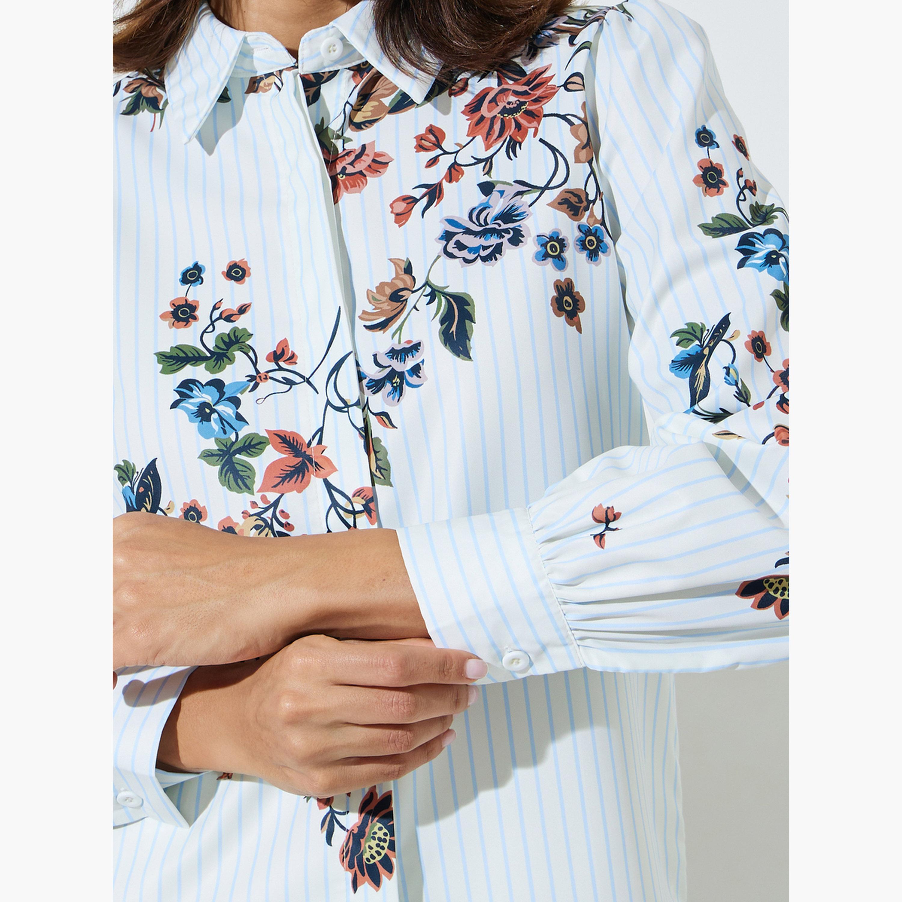 ستايلي - قميص أزرق فاتح مزين بنقوش زهور، بياقة عريضة وأزرار-women-clothing-shirtsandblouses-shirts-image-5