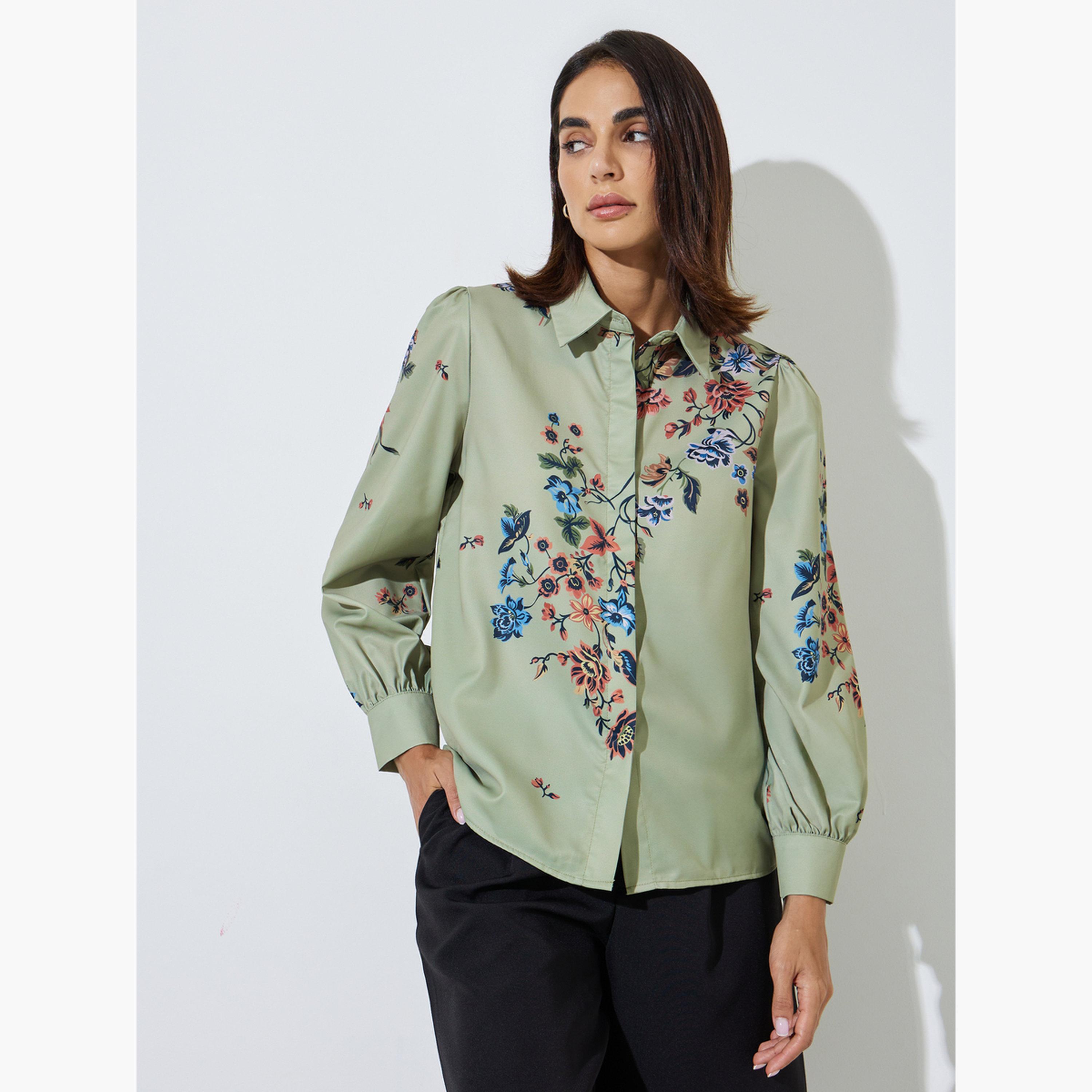 ستايلي - قميص أخضر مزهر بياقة عريضة وأزرار-women-clothing-shirtsandblouses-shirts-image-1