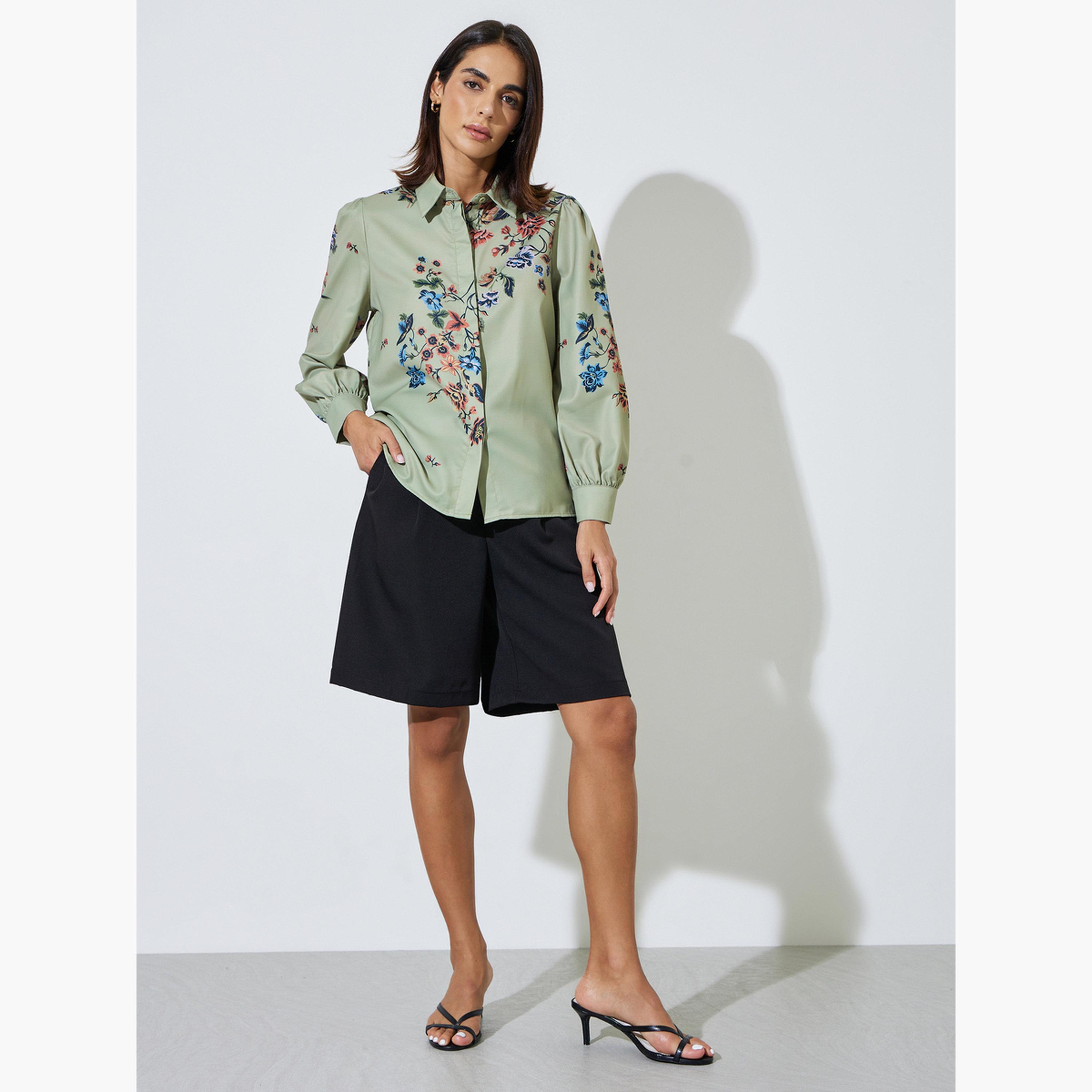 ستايلي - قميص أخضر مزهر بياقة عريضة وأزرار-women-clothing-shirtsandblouses-shirts-image-2