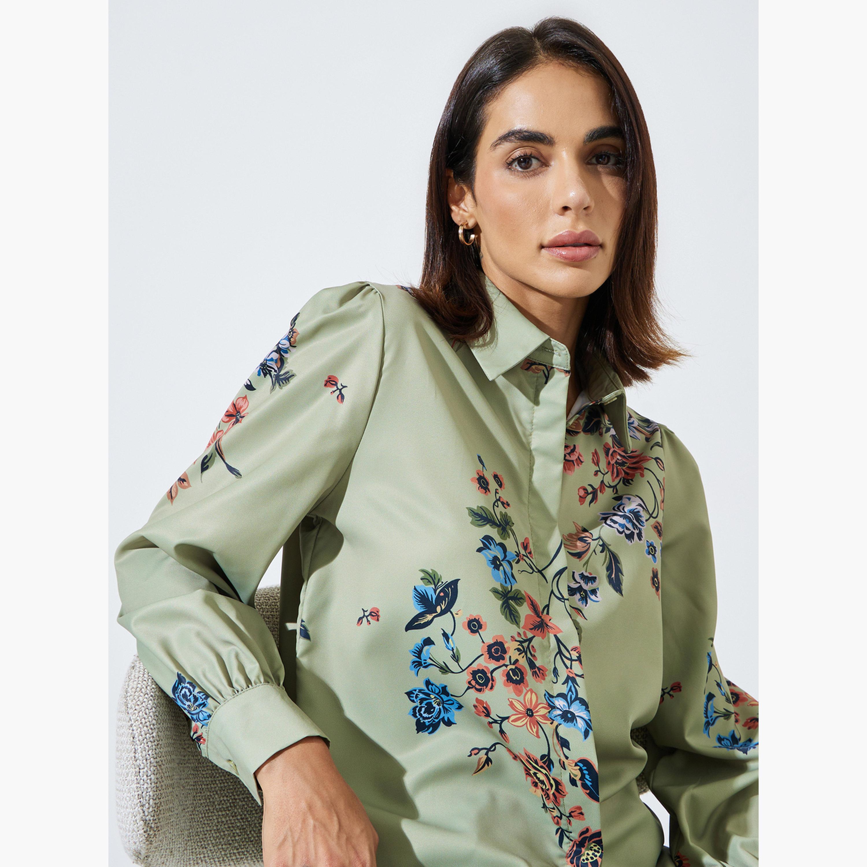ستايلي - قميص أخضر مزهر بياقة عريضة وأزرار-women-clothing-shirtsandblouses-shirts-image-3