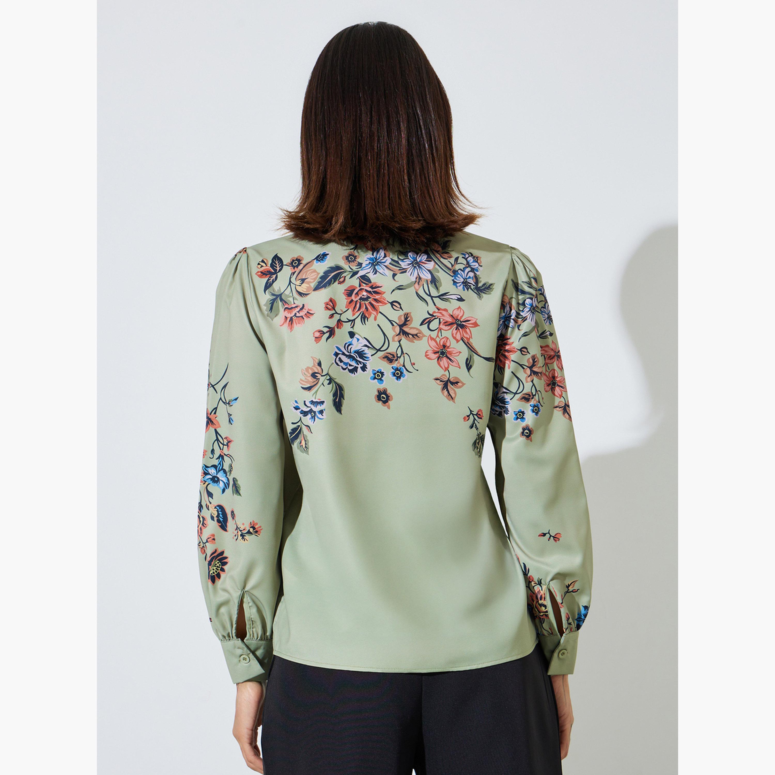 ستايلي - قميص أخضر مزهر بياقة عريضة وأزرار-women-clothing-shirtsandblouses-shirts-image-4
