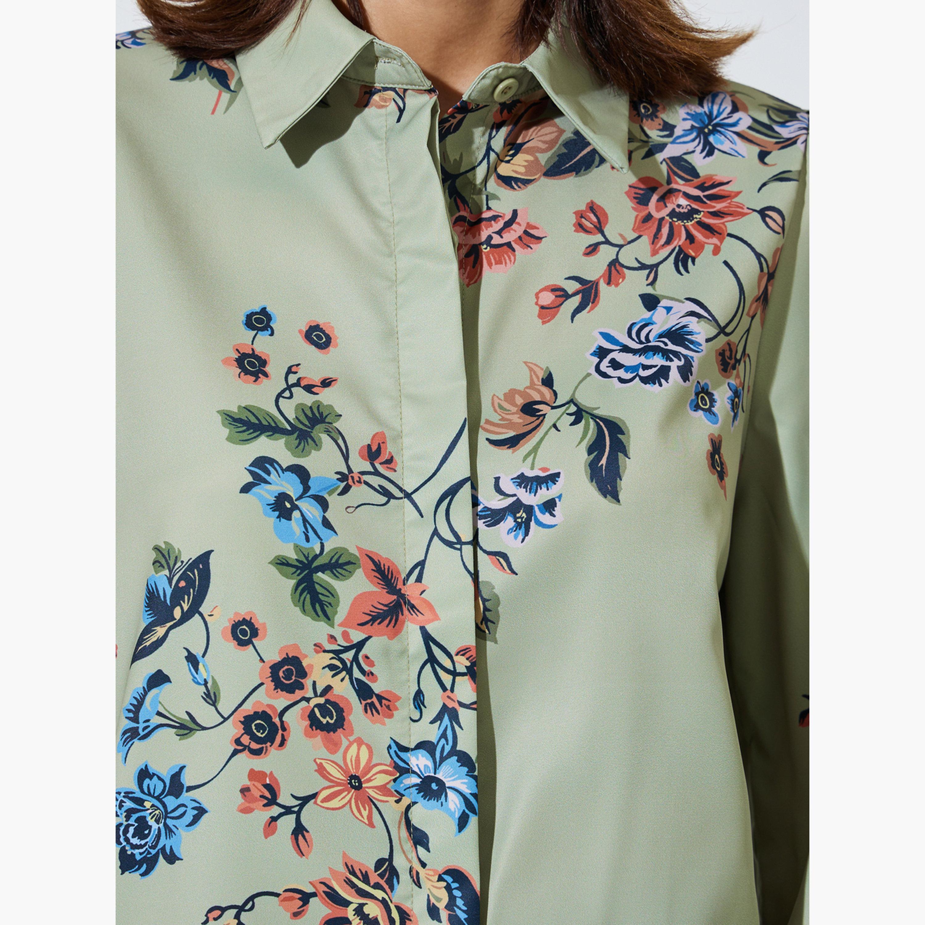 ستايلي - قميص أخضر مزهر بياقة عريضة وأزرار-women-clothing-shirtsandblouses-shirts-image-5