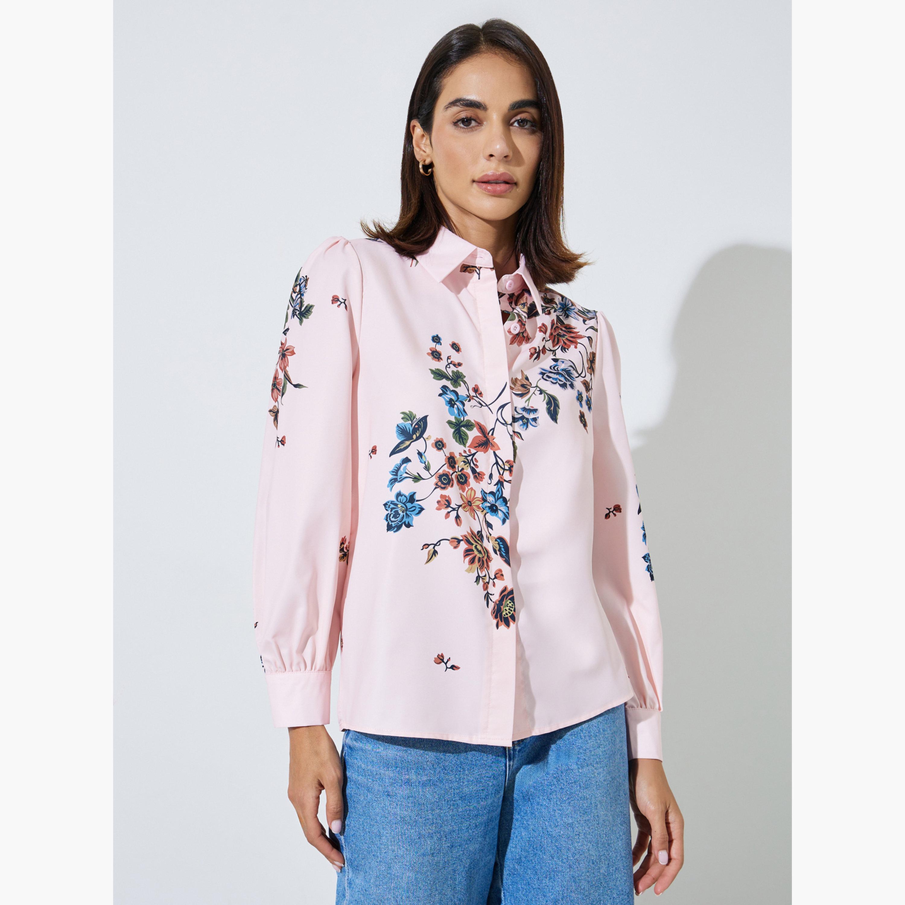 ستايلي - قميص وردي فاتح مزين بالزهور، بياقة عريضة وأزرار-women-clothing-shirtsandblouses-shirts-image-1
