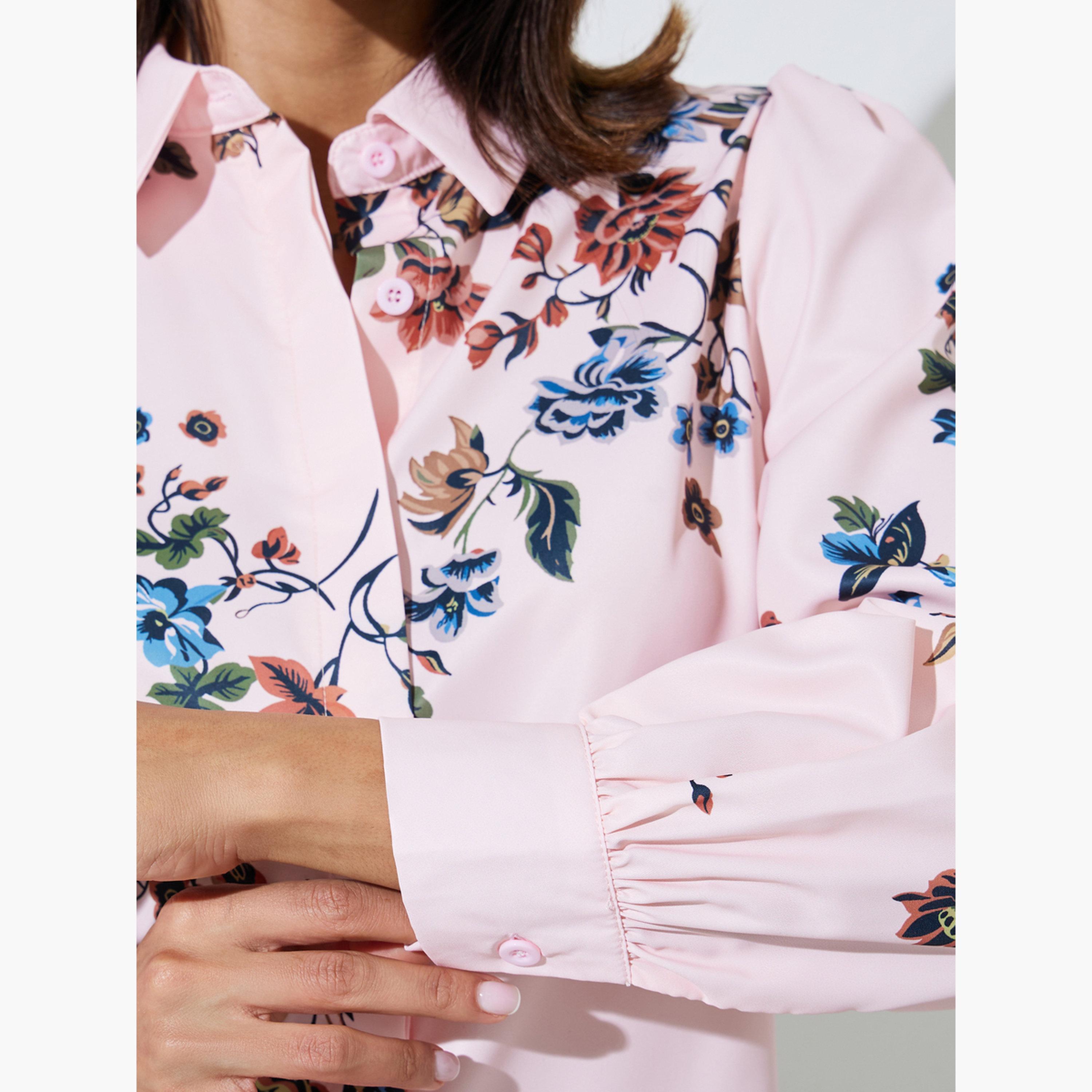 ستايلي - قميص وردي فاتح مزين بالزهور، بياقة عريضة وأزرار-women-clothing-shirtsandblouses-shirts-image-5