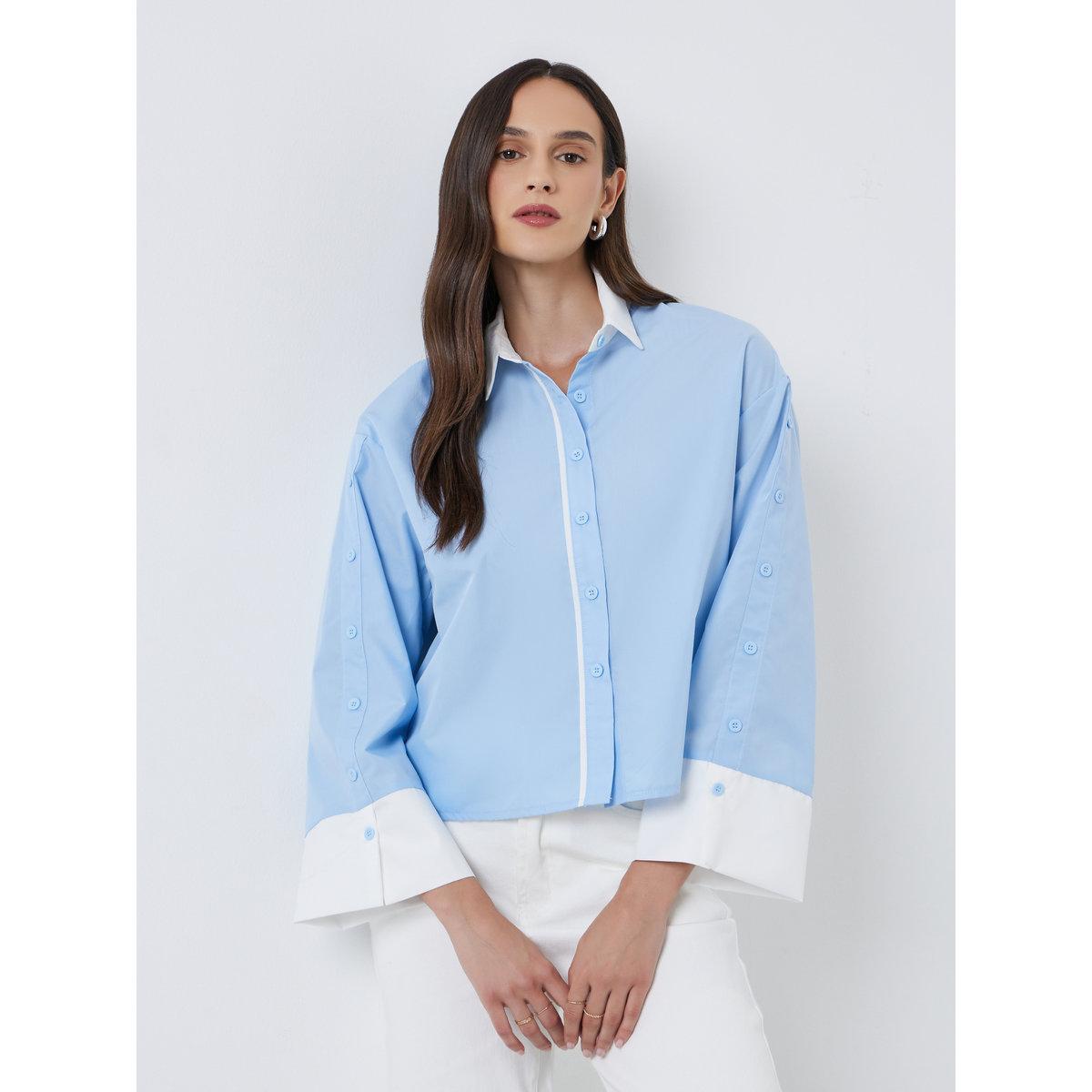 Styli Contrast Collar and Cuff Buttoned Shirt-women-clothing-shirtsandblouses-shirts-image-1