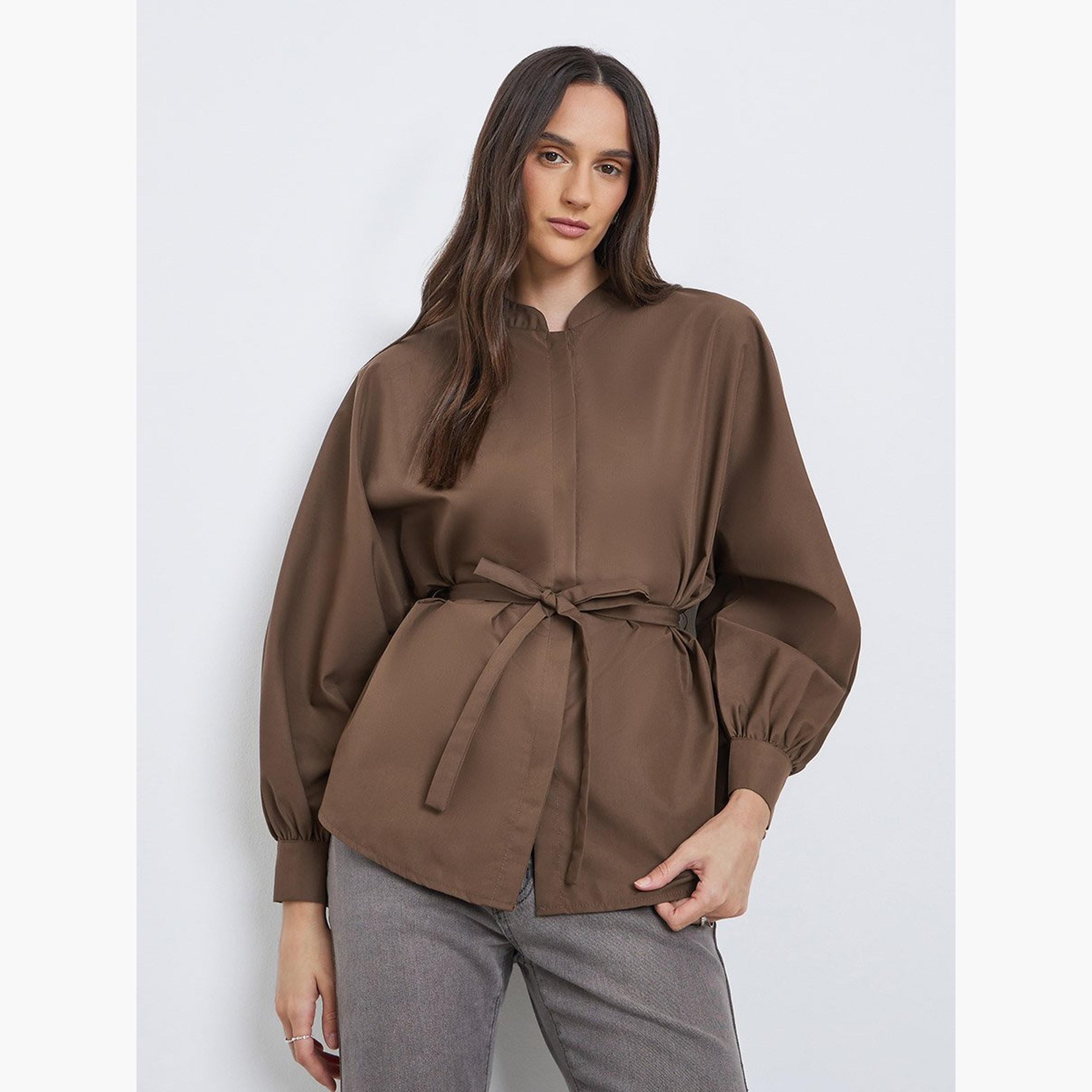 ستايلي - قميص مقاس كبير بأكمام منفوخة وربطة خصر-women-clothing-shirtsandblouses-shirts-image-1