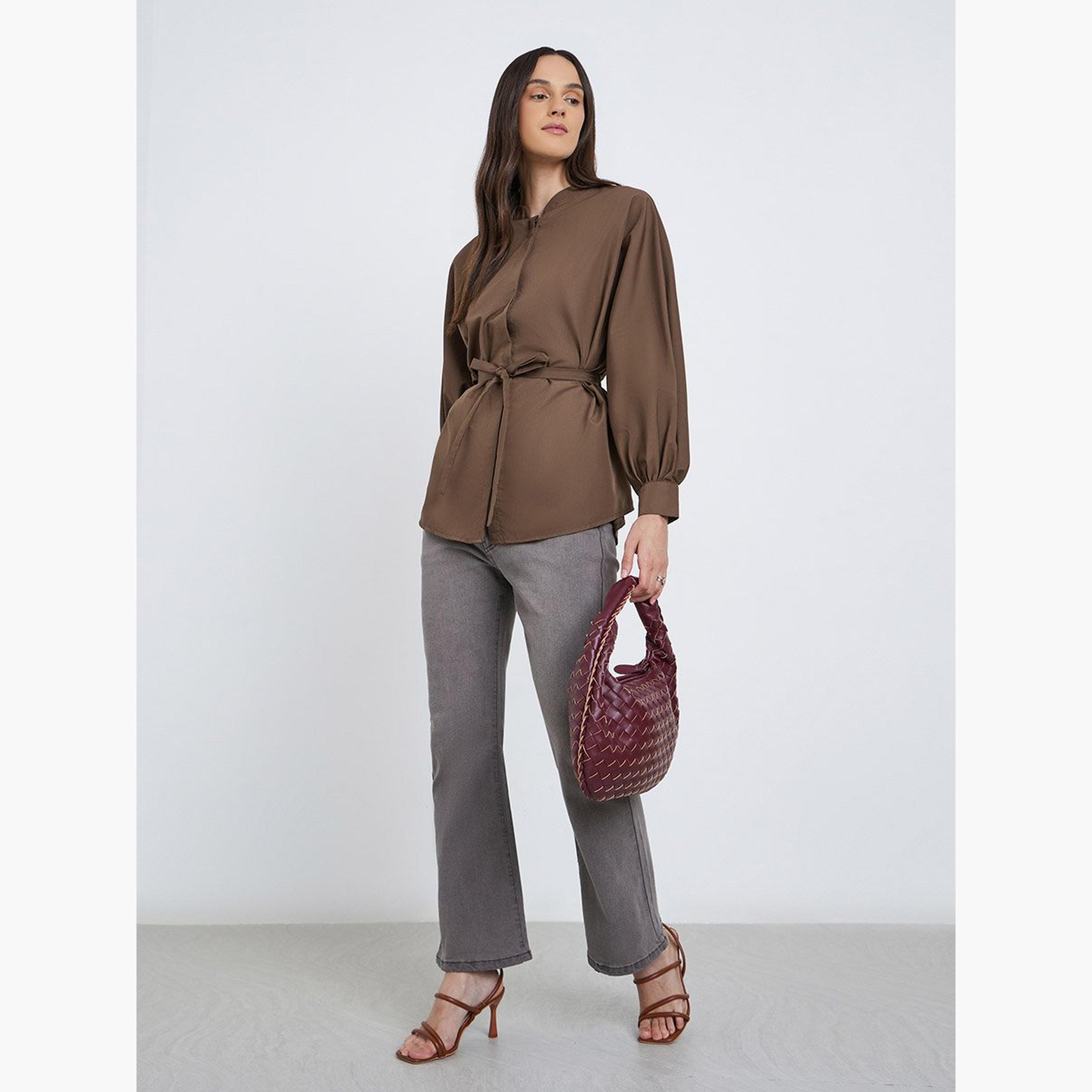 ستايلي - قميص مقاس كبير بأكمام منفوخة وربطة خصر-women-clothing-shirtsandblouses-shirts-image-2