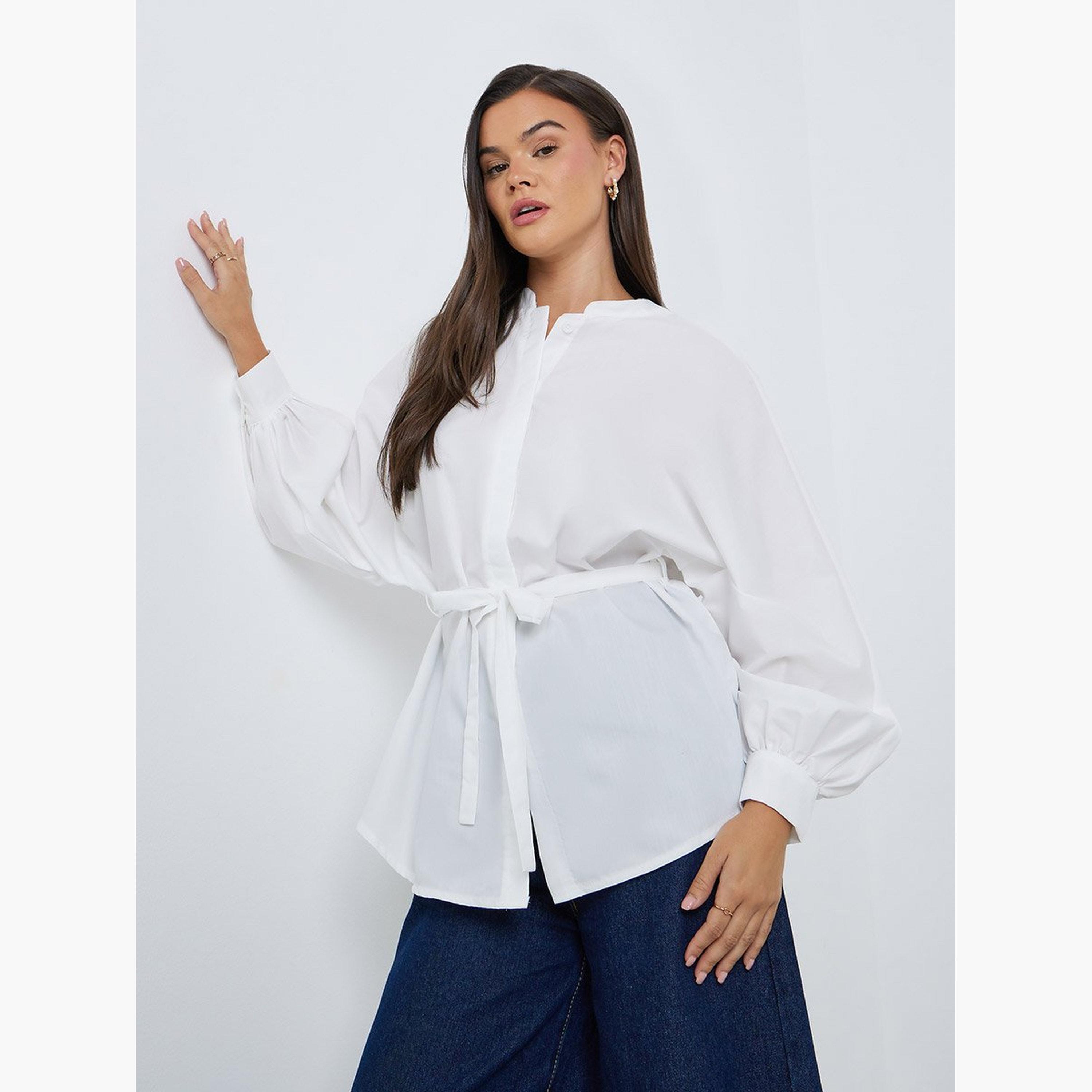 ستايلي - قميص مقاس كبير بأكمام منفوخة وربطة خصر-women-clothing-shirtsandblouses-shirts-image-1