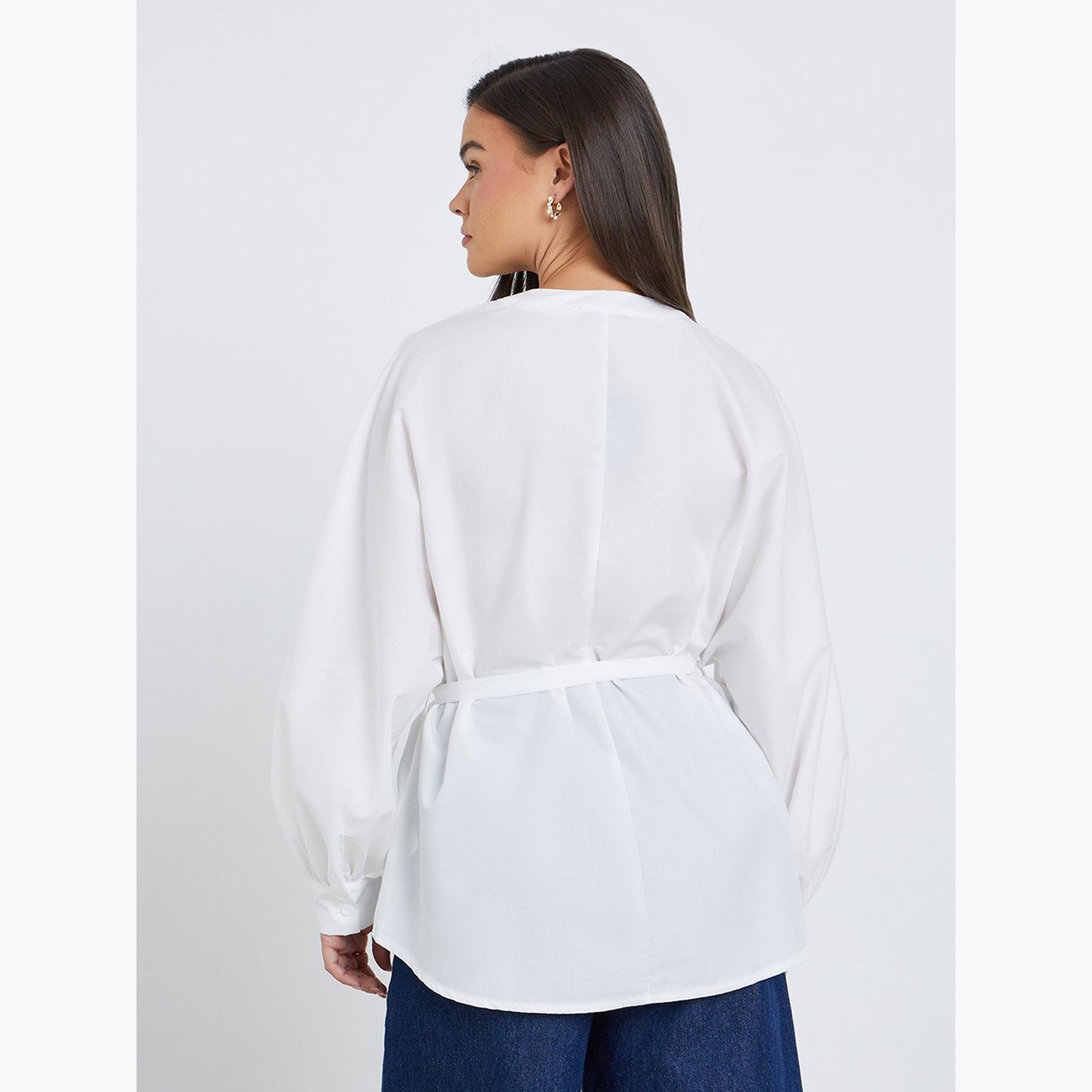 ستايلي - قميص مقاس كبير بأكمام منفوخة وربطة خصر-women-clothing-shirtsandblouses-shirts-image-4