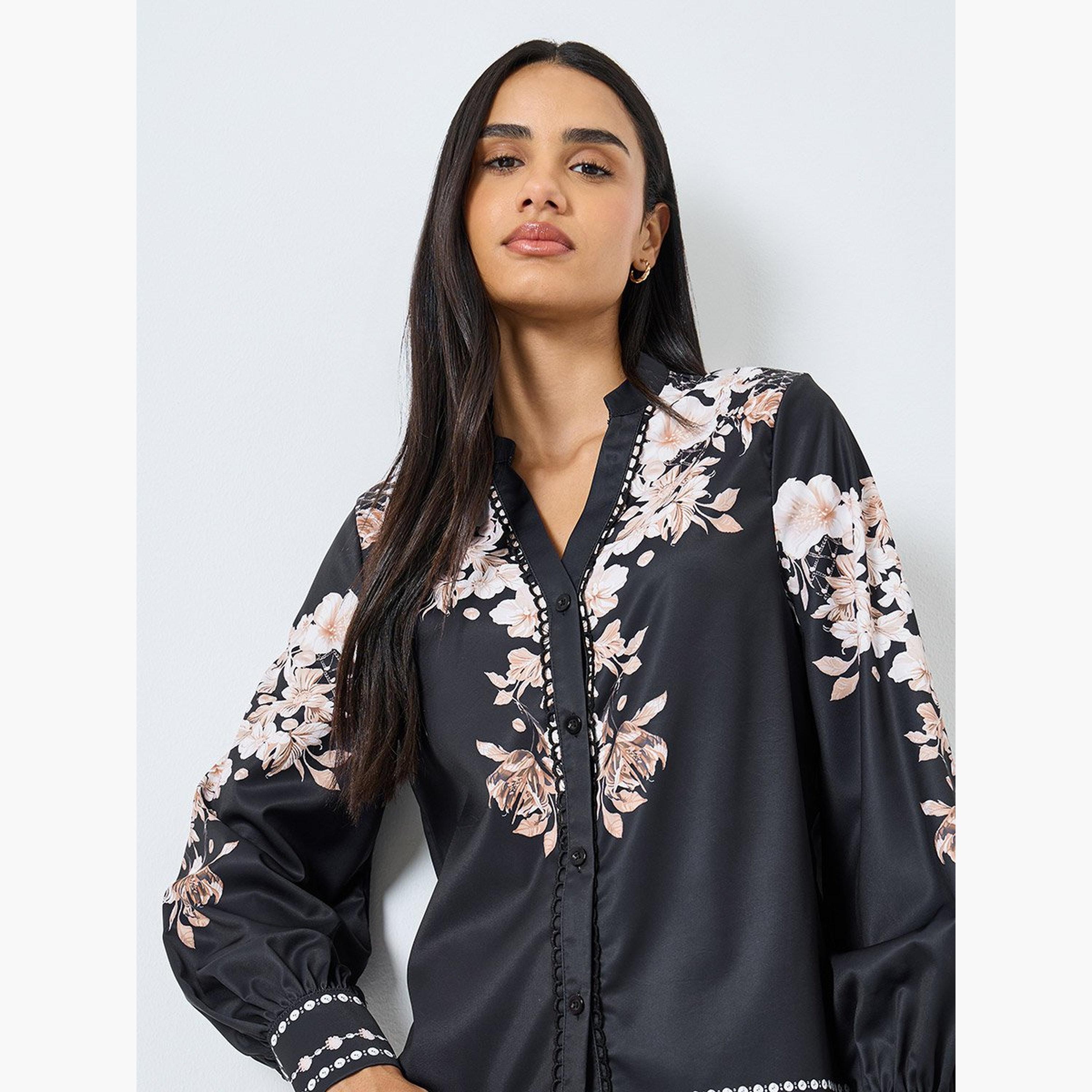 ستايلي - بلوزة سوداء بطبعة زهور بأكمام منفوخة-women-clothing-shirtsandblouses-blouses-image-3