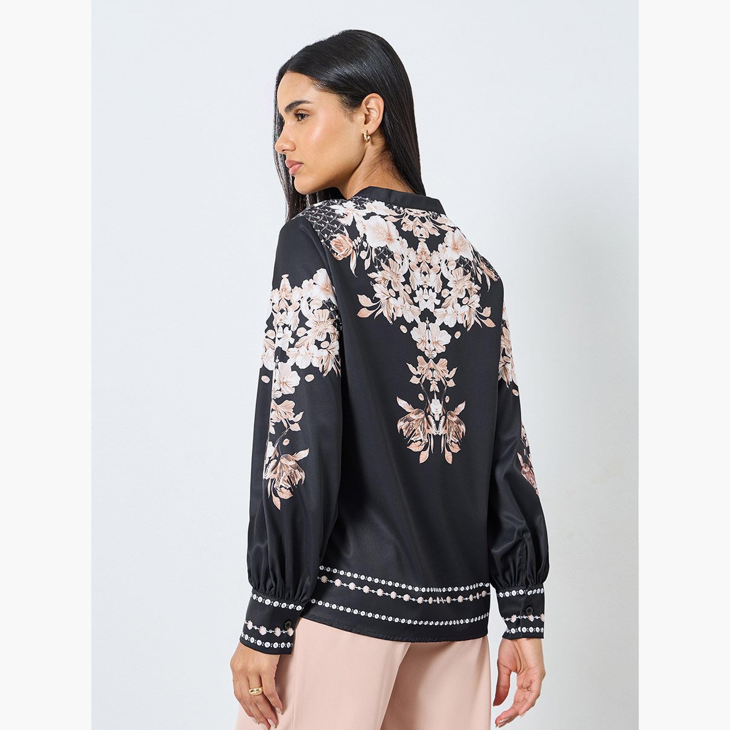 ستايلي - بلوزة سوداء بطبعة زهور بأكمام منفوخة-women-clothing-shirtsandblouses-blouses-image-5