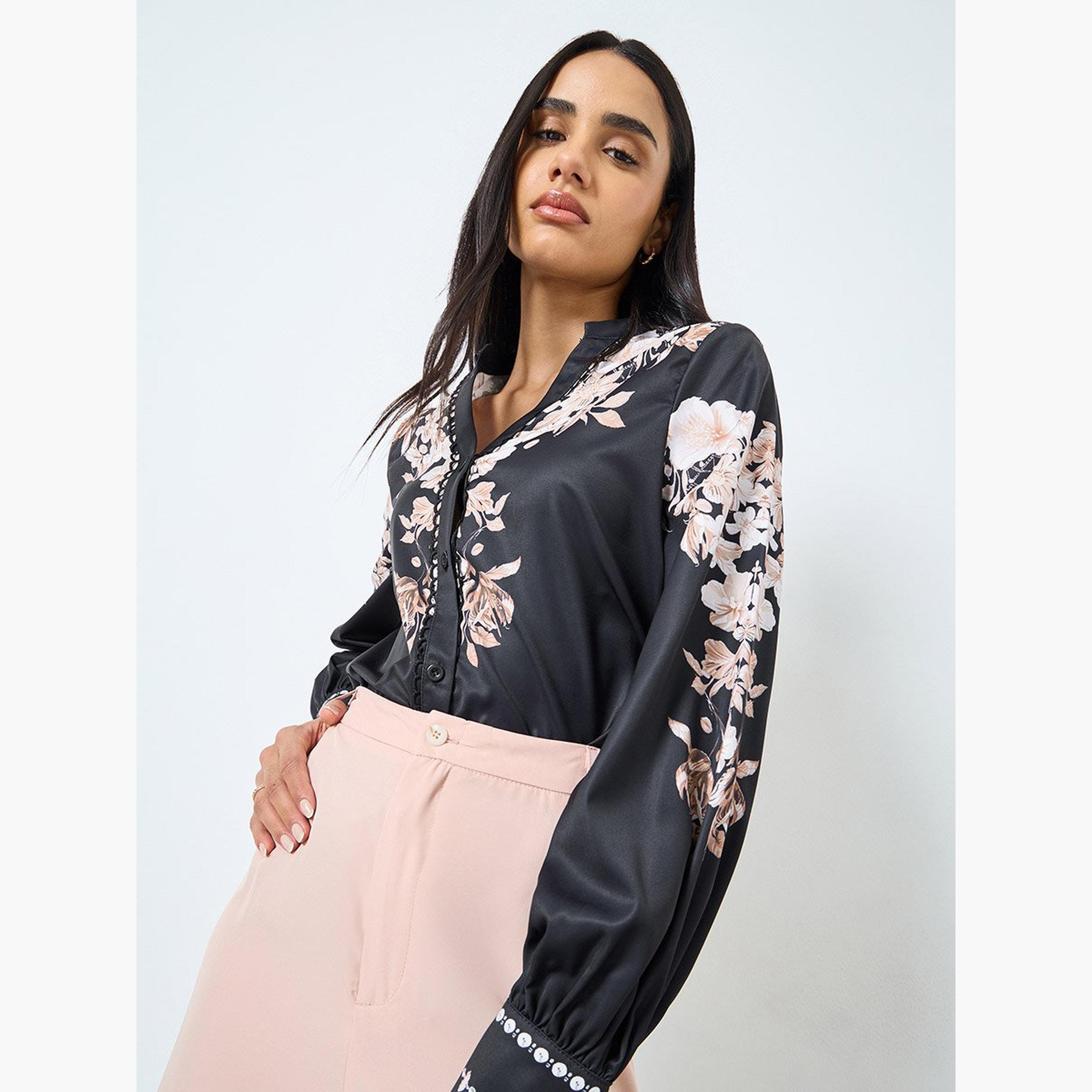 ستايلي - بلوزة سوداء بطبعة زهور بأكمام منفوخة-women-clothing-shirtsandblouses-blouses-image-6