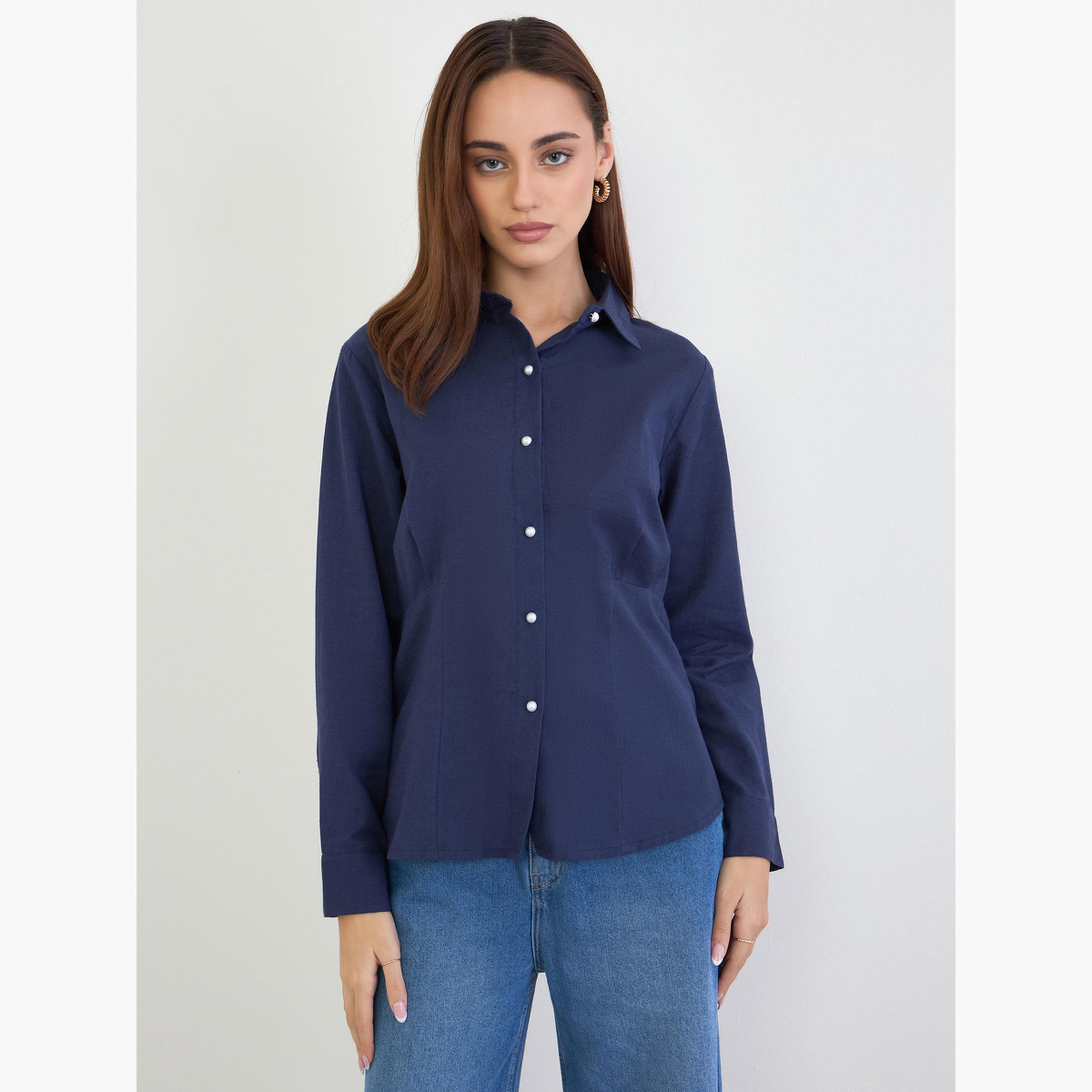 ستايلي - قميص بقصّة عادية وأزرار لؤلؤية لون أزرق كحلي-women-clothing-shirtsandblouses-shirts-image-1