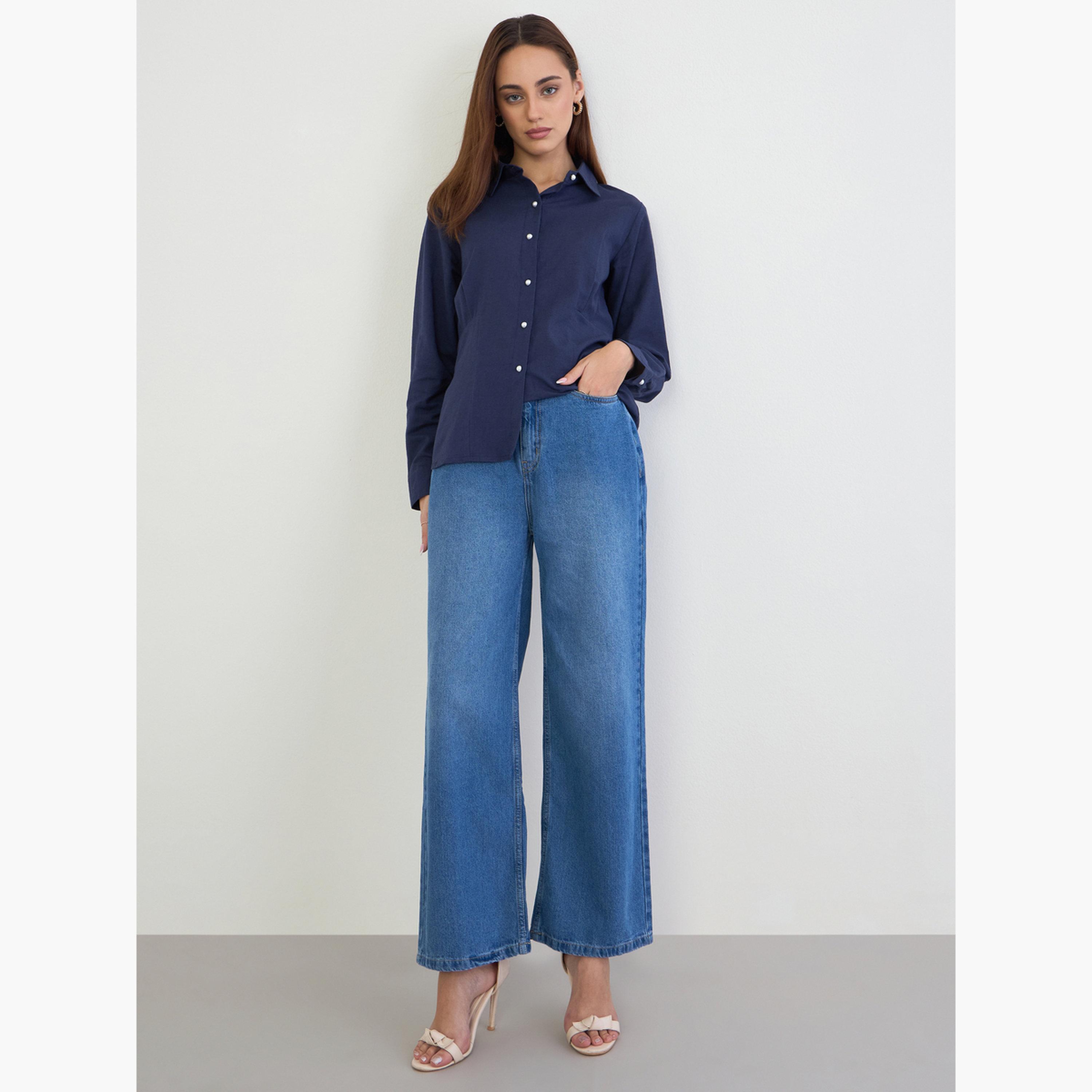 Styli Navy Regular Fit Shirt with Pearl Buttons-women-clothing-shirtsandblouses-shirts-image-2
