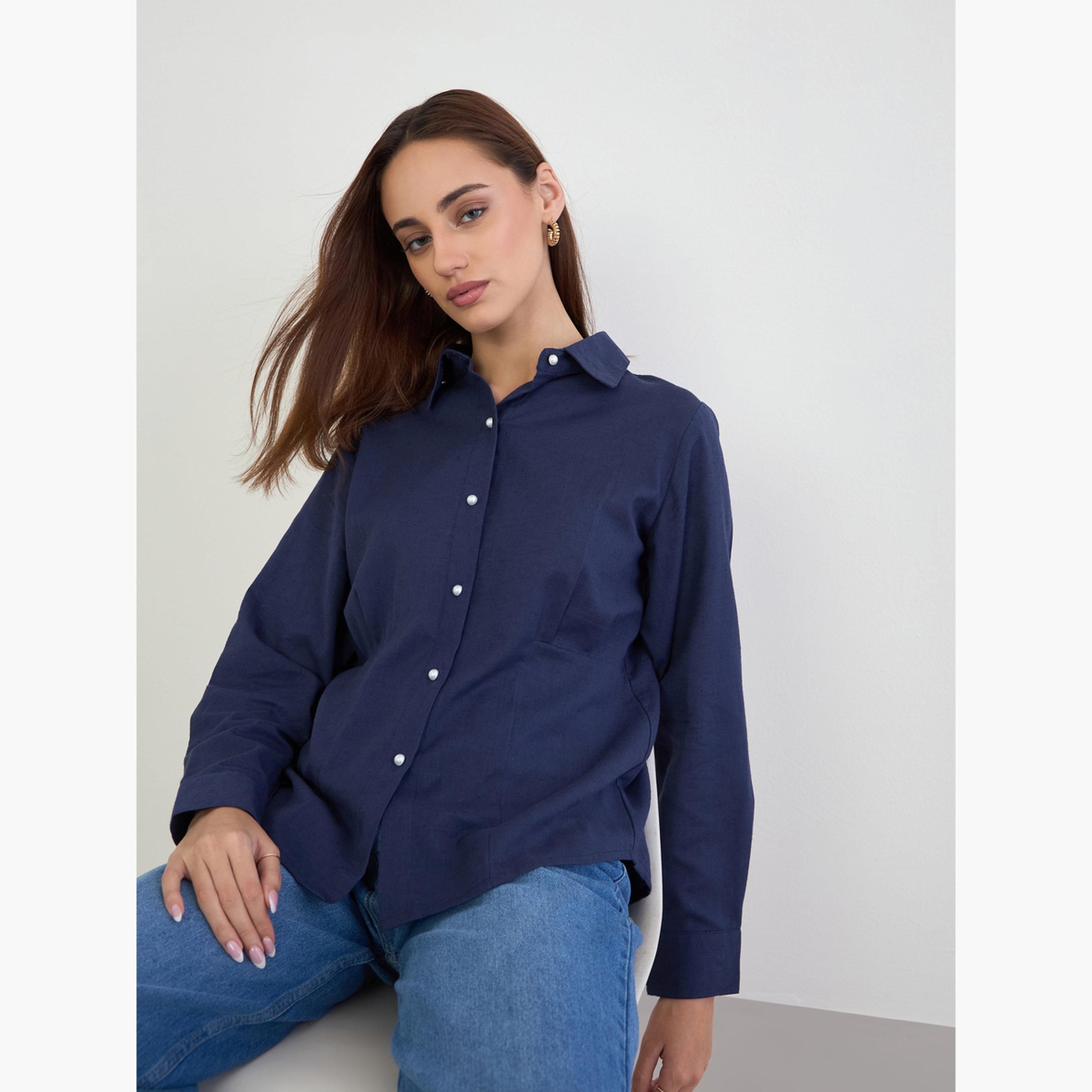 ستايلي - قميص بقصّة عادية وأزرار لؤلؤية لون أزرق كحلي-women-clothing-shirtsandblouses-shirts-image-3