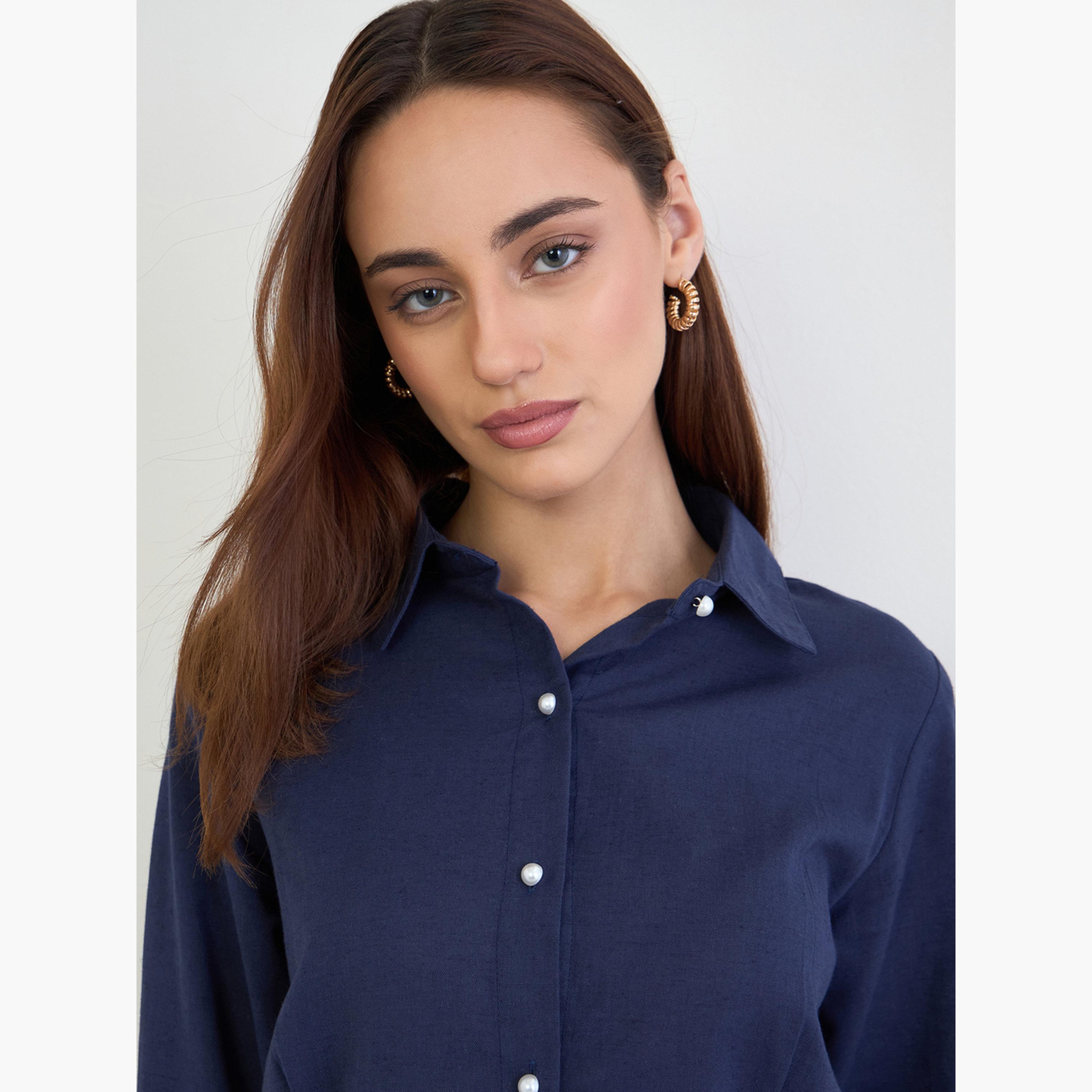 Styli Navy Regular Fit Shirt with Pearl Buttons-women-clothing-shirtsandblouses-shirts-image-4