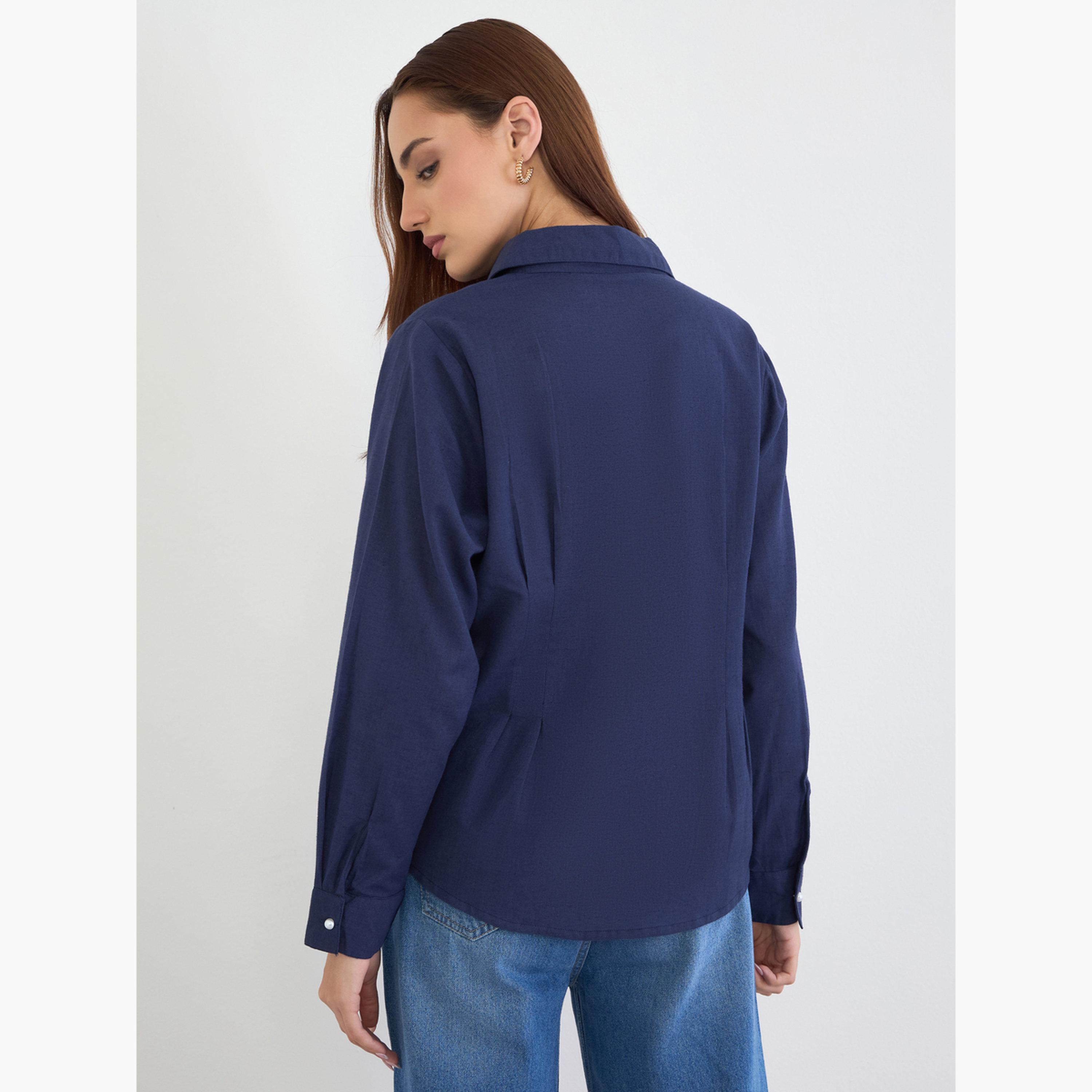 ستايلي - قميص بقصّة عادية وأزرار لؤلؤية لون أزرق كحلي-women-clothing-shirtsandblouses-shirts-image-5