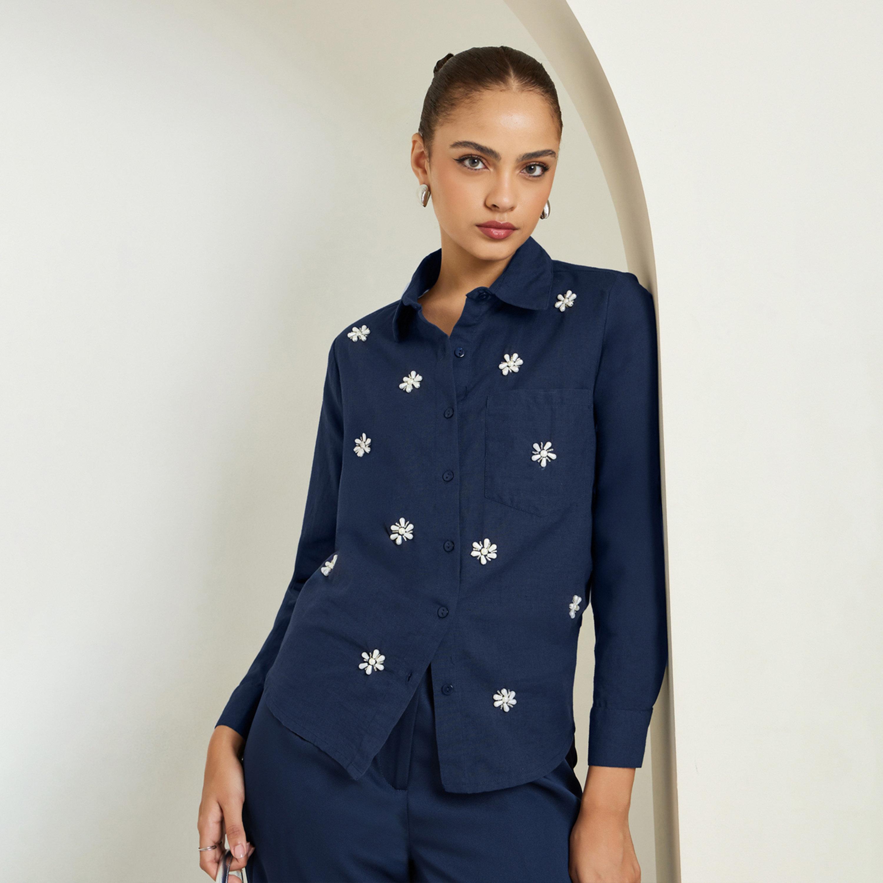 Styli Navy Blue Embellished Cotton Shirt-women-clothing-shirtsandblouses-shirts-image-1